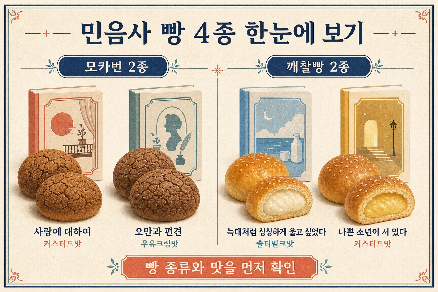 민음사 빵 4종 모카번과 깨찰빵 종류 비교