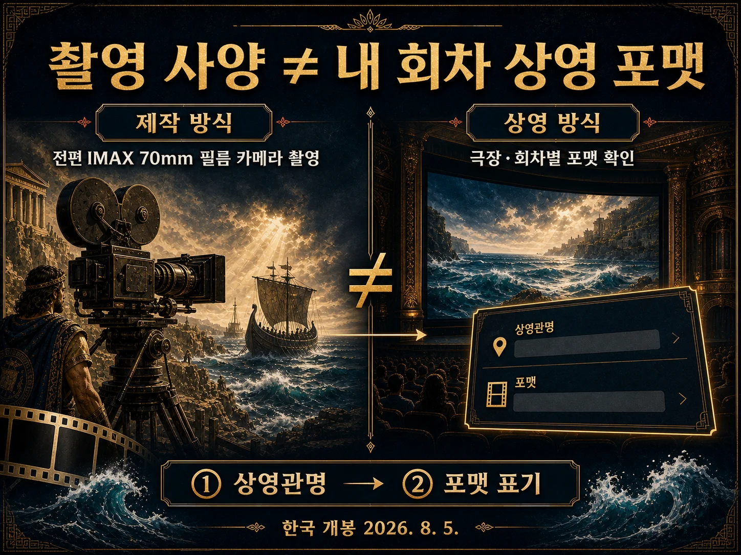 오디세이 IMAX 70mm 촬영과 실제 상영 포맷 확인 안내.
