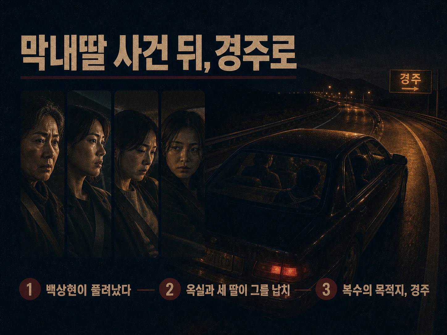 막내딸 사건 뒤 옥실과 세 딸이 백상현을 찾아 경주로 향하는 복수 로드무비 줄거리