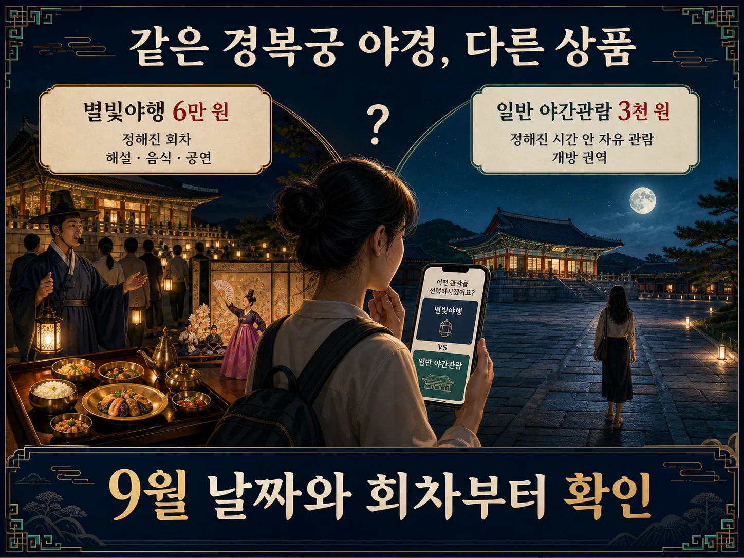 경복궁 야간관람과 경복궁 별빛야행의 차이를 비교하는 장면