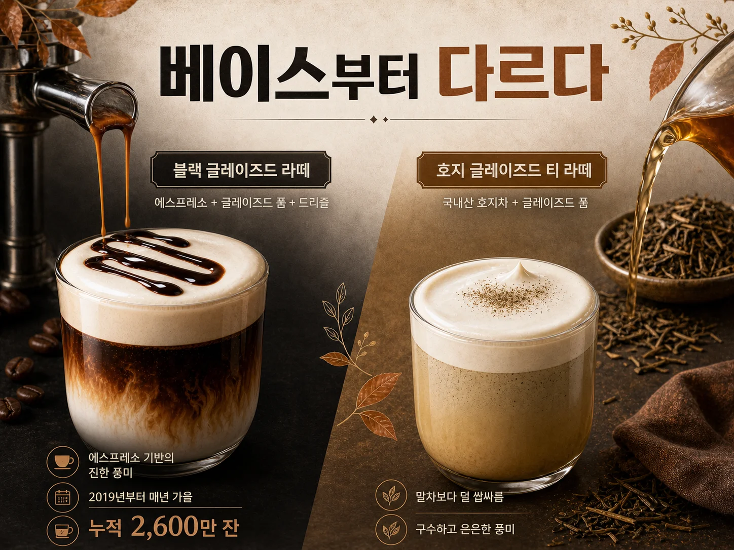 블랙 글레이즈드 라떼와 호지 글레이즈드 티 라떼의 커피·호지차 베이스 비교