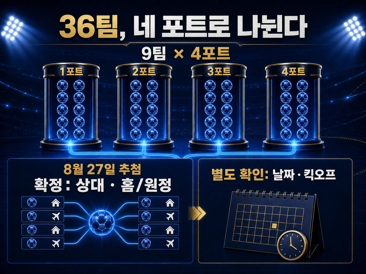 UCL 36개 팀과 네 포트 구성 정보를 보여주는 이미지