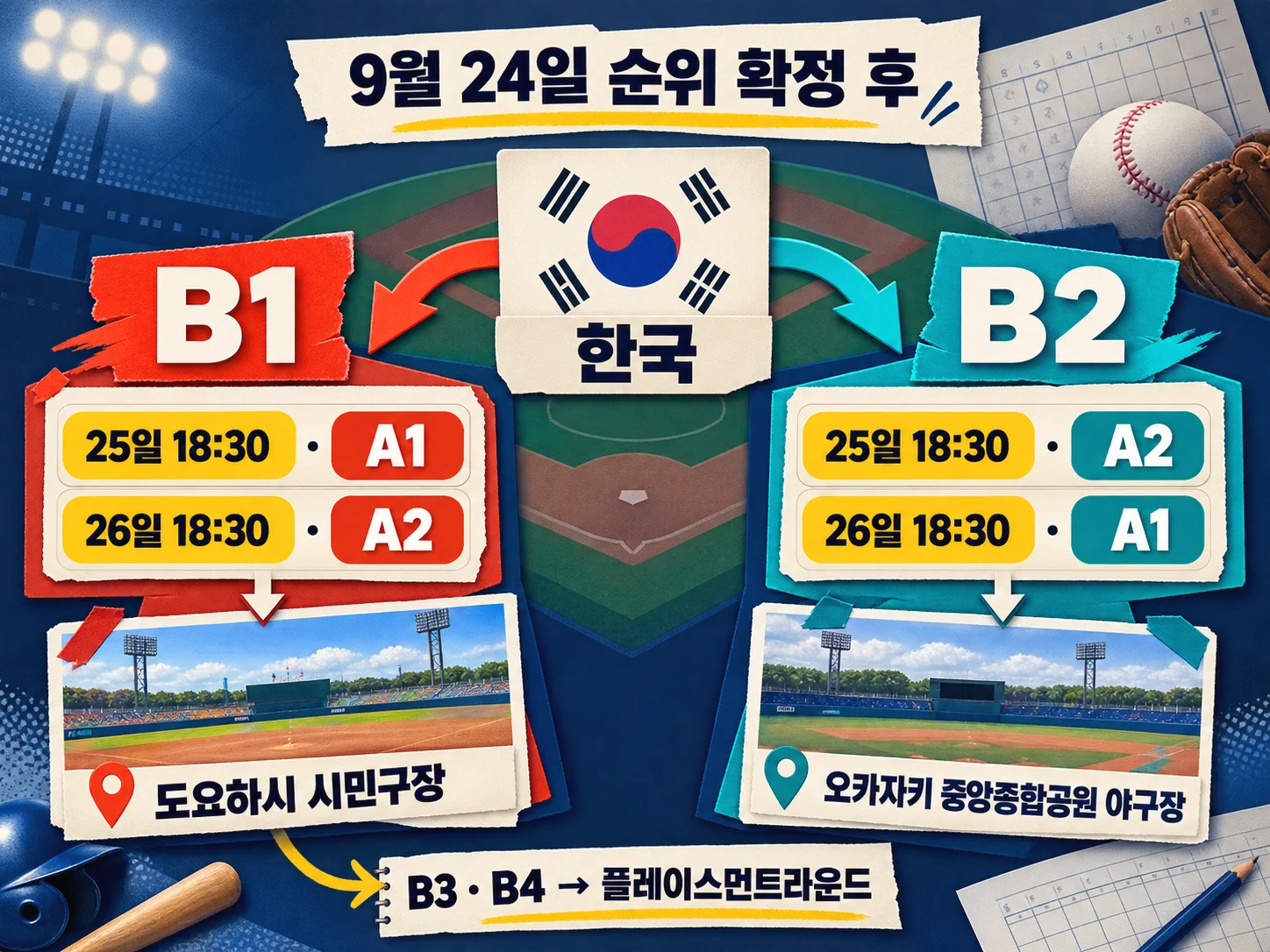 한국 야구 B1·B2 순위에 따른 슈퍼라운드 상대와 경기 일정
