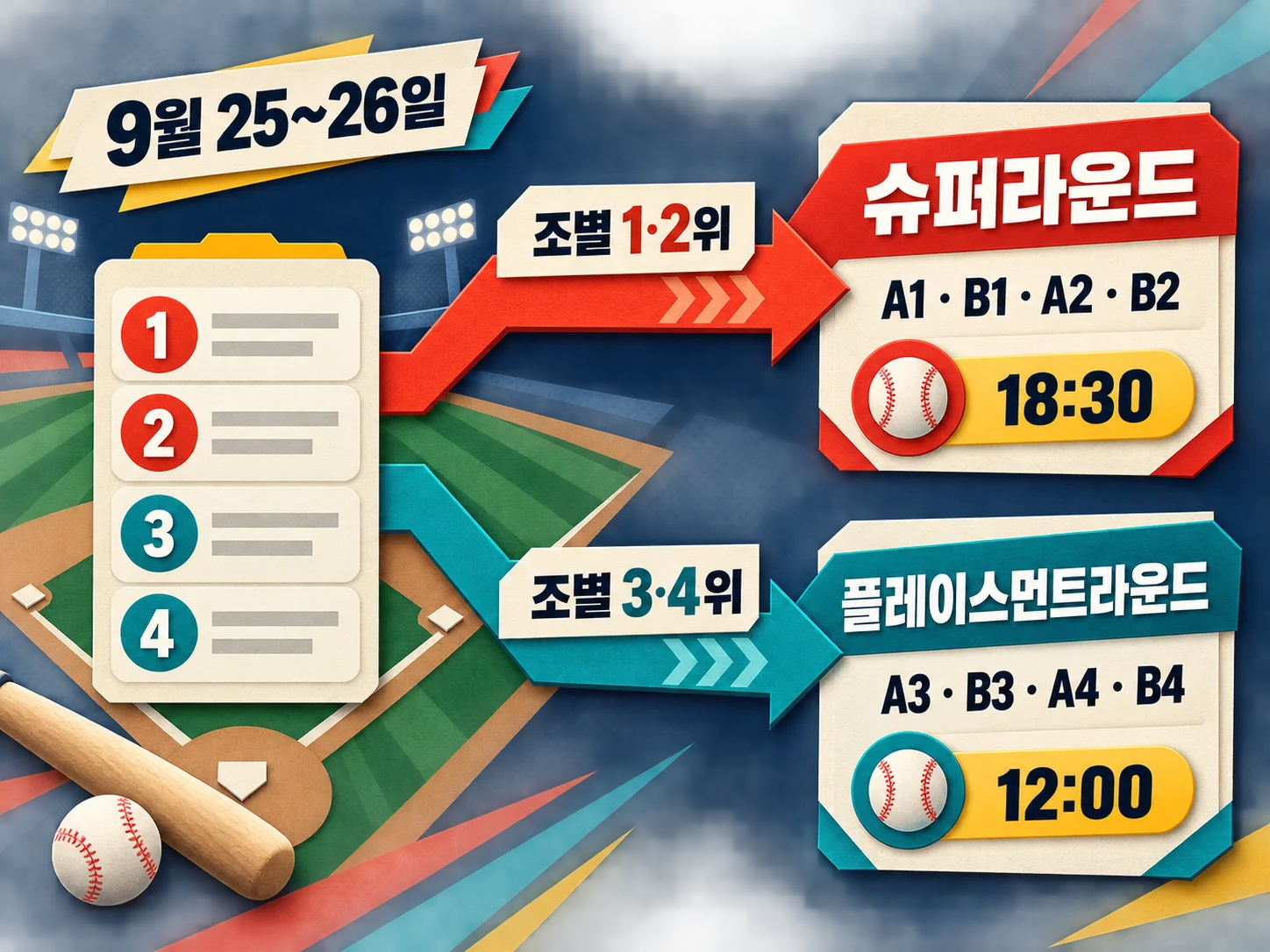 아시안게임 야구 슈퍼라운드와 플레이스먼트라운드 대진 구조
