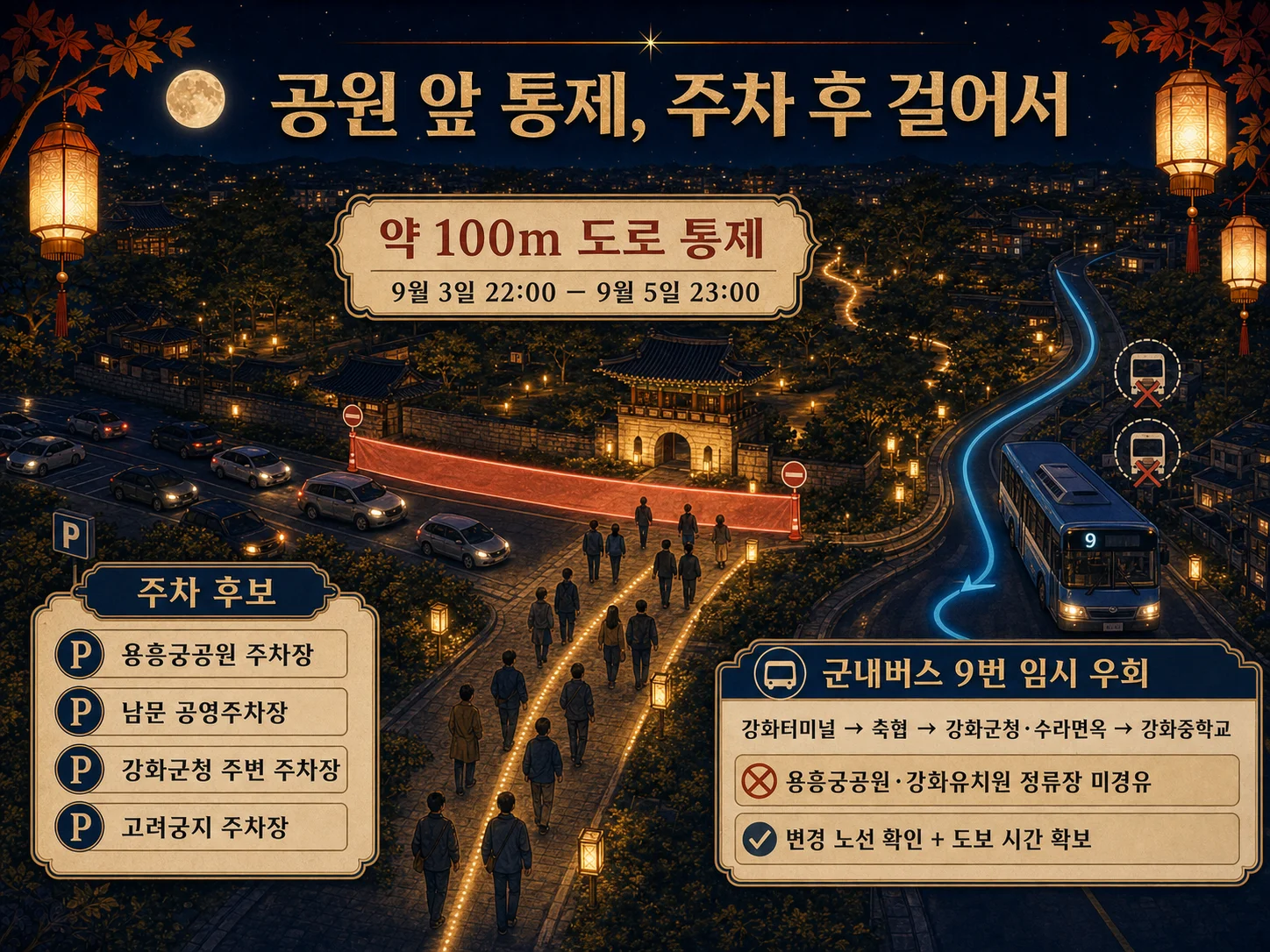 용흥궁공원 도로 통제와 강화별밤야행 주차·버스 우회 안내.