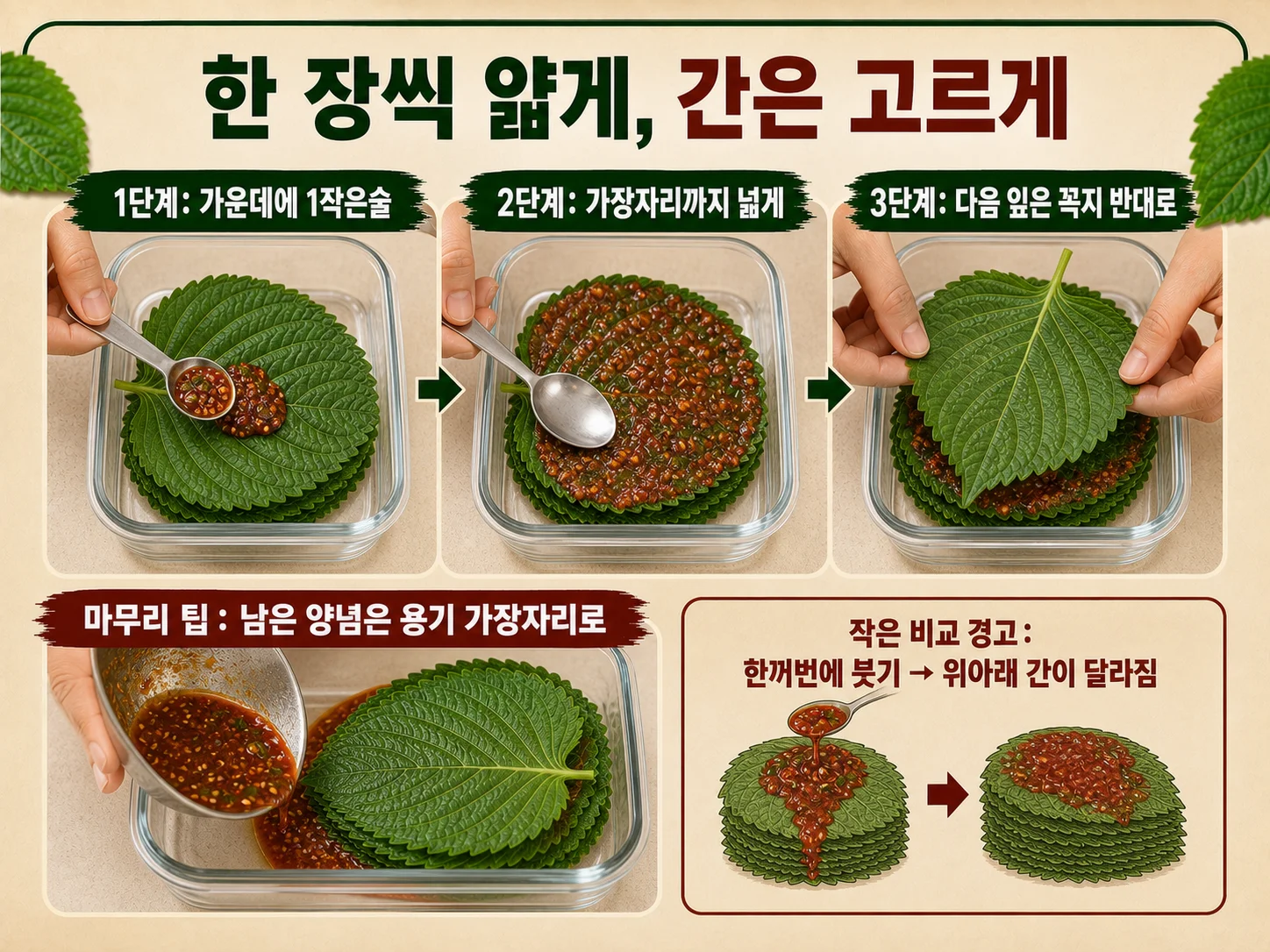 깻잎 양념장을 한 장씩 얇게 바르는 겹치기 방법
