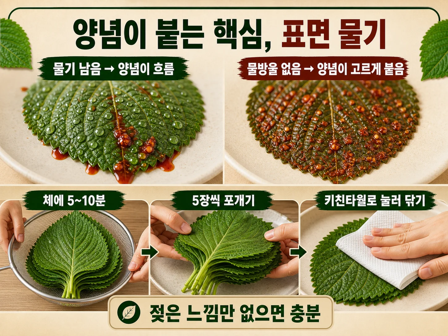 양념이 묽어지지 않도록 물기를 뺀 깻잎 손질 과정