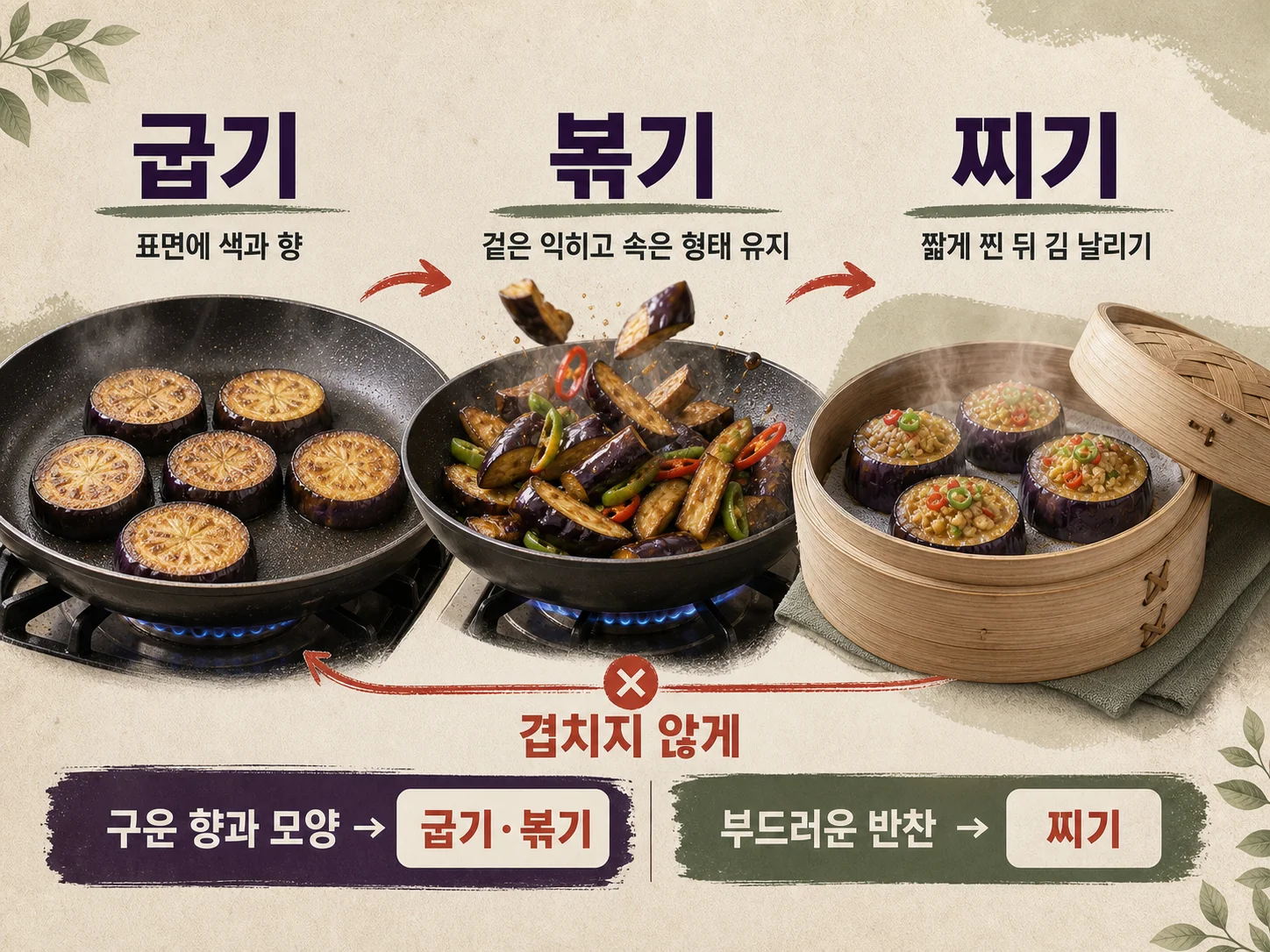 가지 굽기와 볶기, 찌기의 수분 조절 차이를 보여주는 이미지