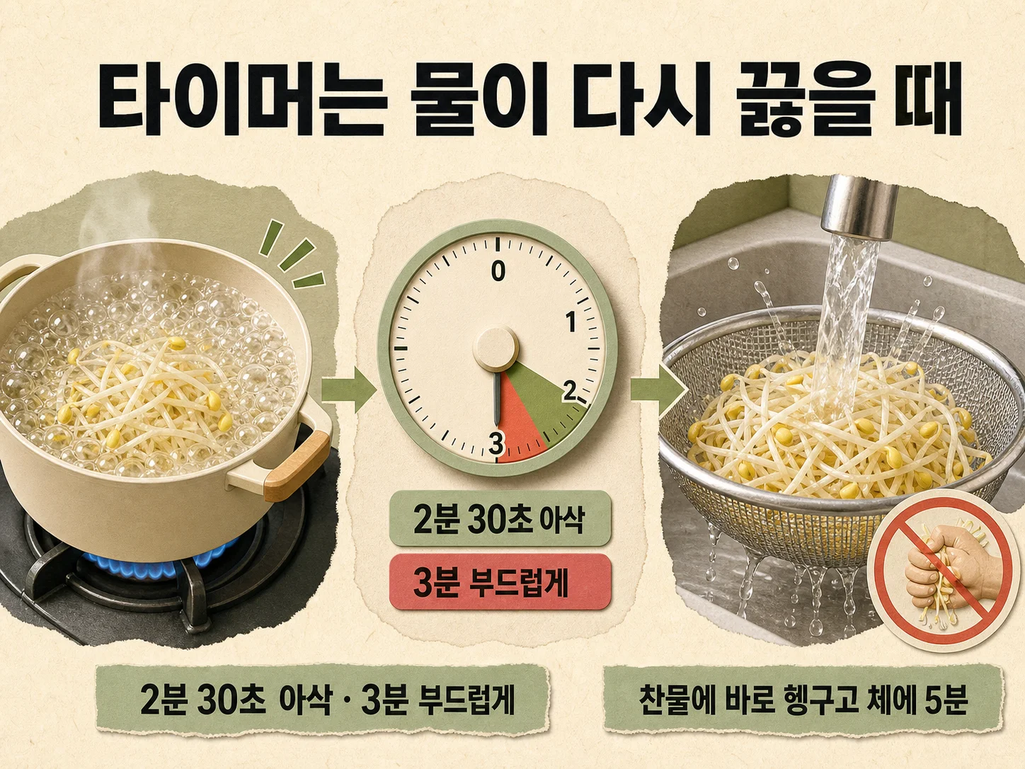 콩나물 삶는 시간과 찬물 헹굼으로 아삭한 식감을 만드는 과정