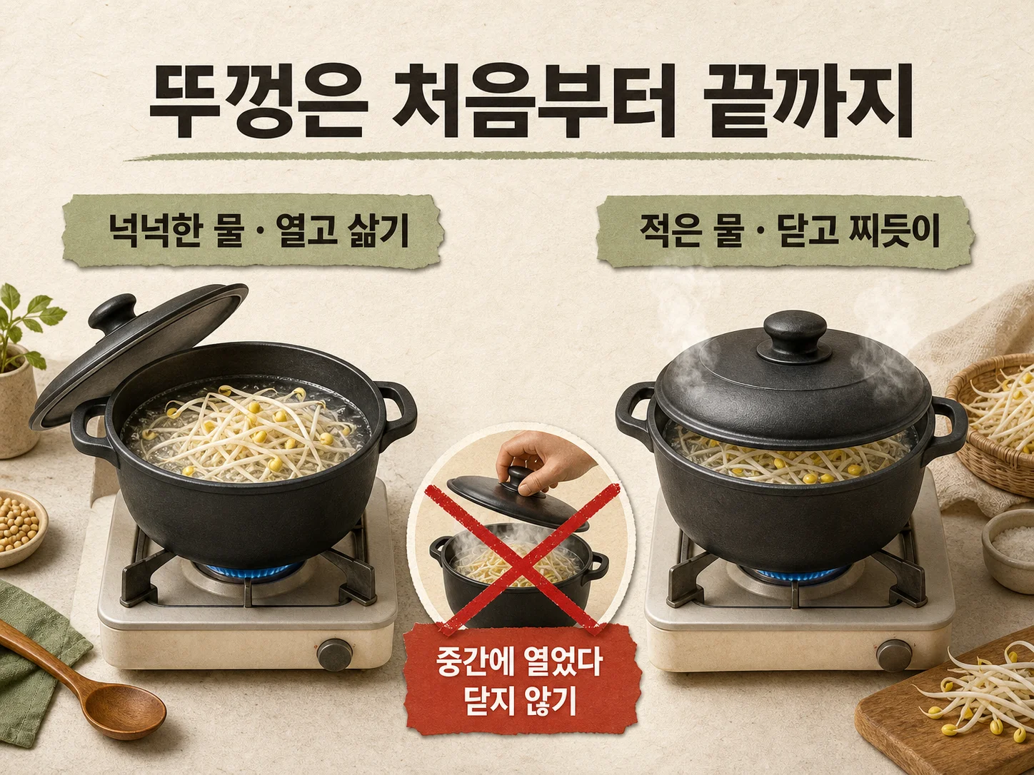 콩나물 삶기에서 뚜껑을 열거나 닫아 조리하는 방법