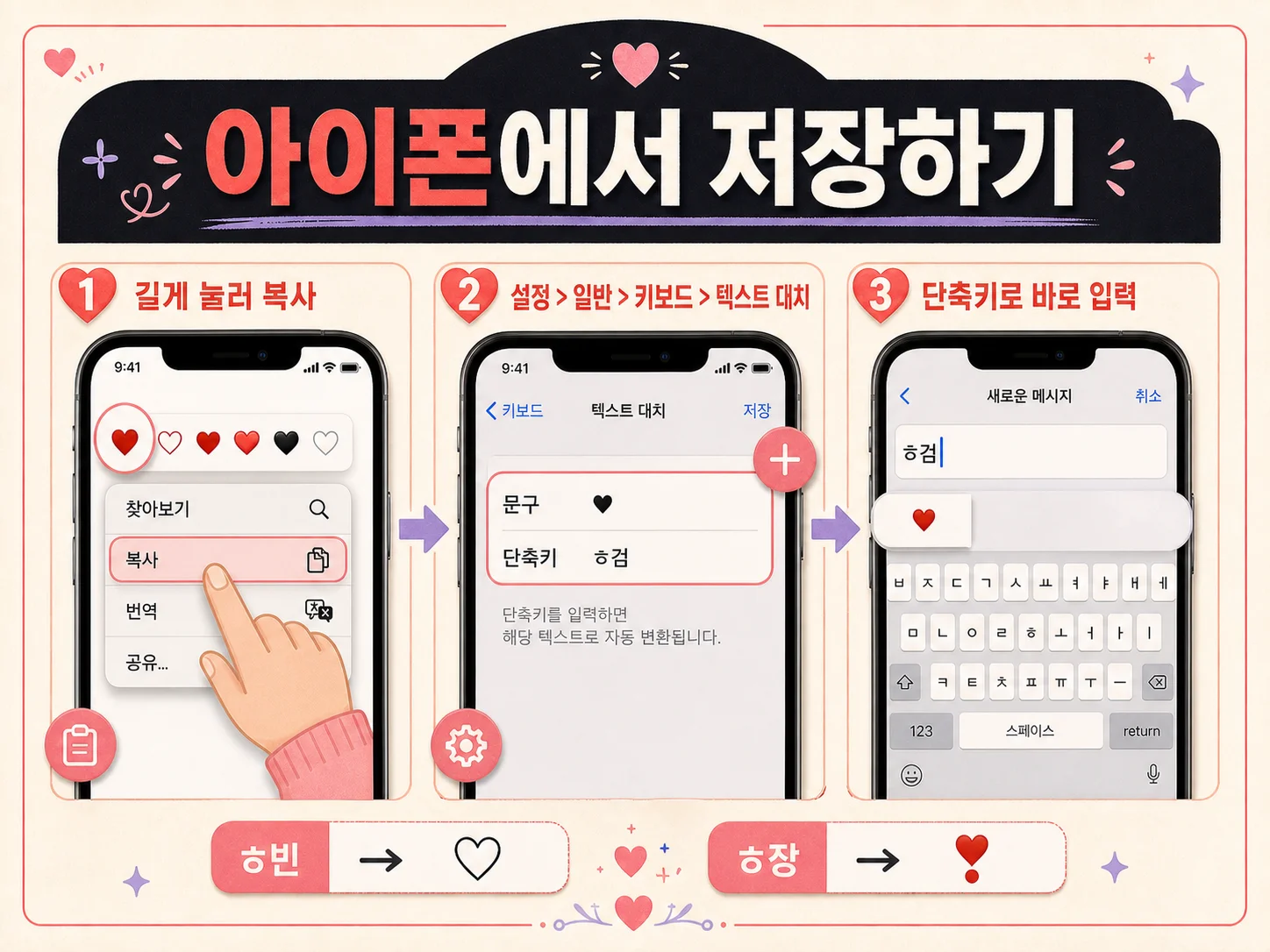 아이폰 텍스트 대치로 하트 특수기호를 저장하는 방법
