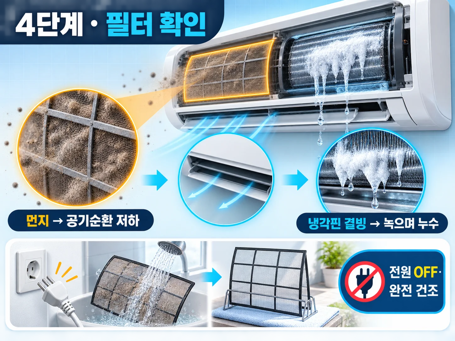 에어컨 먼지 필터 막힘과 냉각핀 얼음 누수