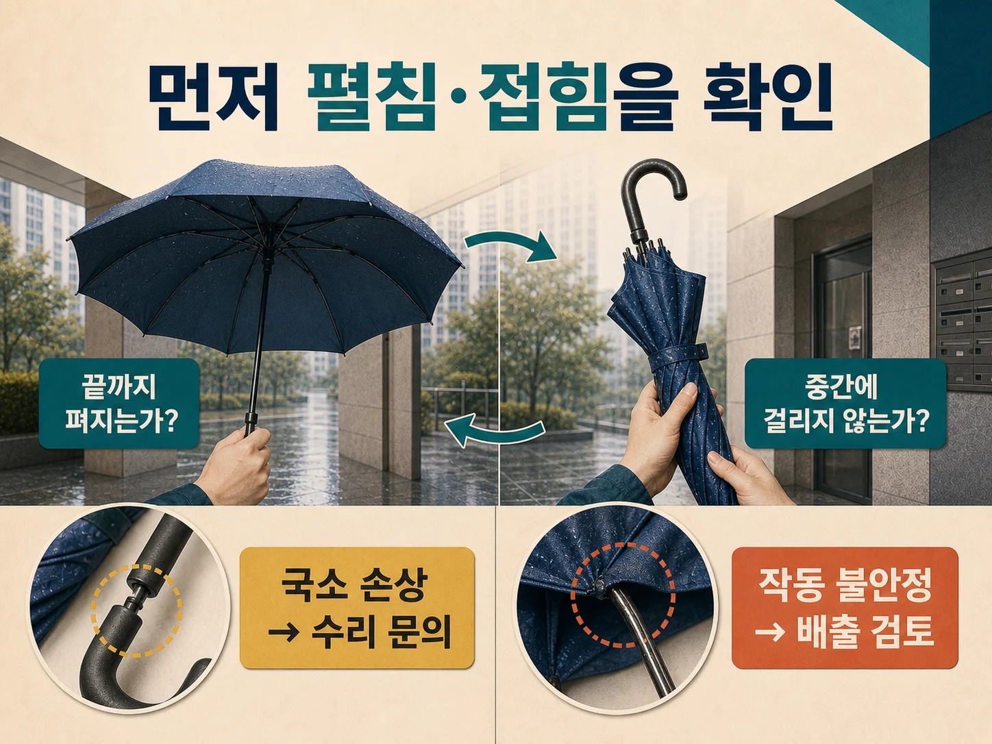 우산 펼침과 접힘 기능을 확인하는 수리·배출 판단 기준