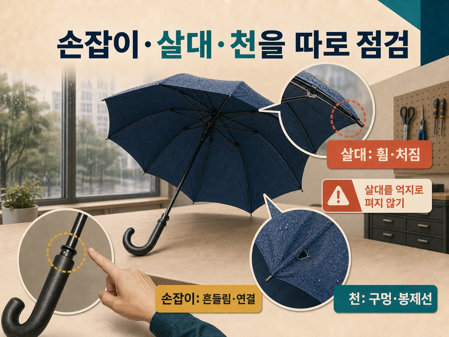 우산 손잡이·살대·천·자동 버튼별 고장 점검 방법