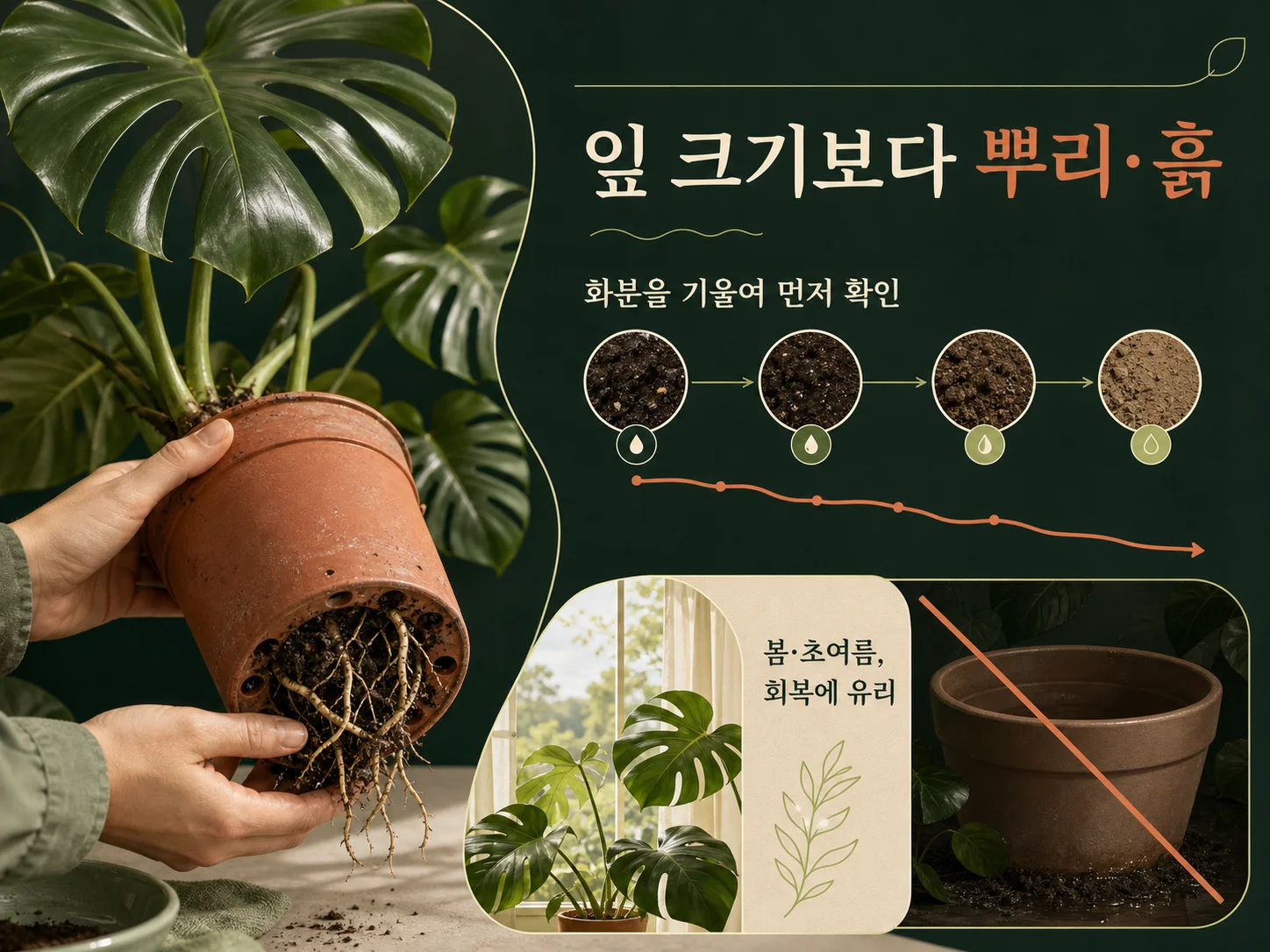 몬스테라 잎 크기보다 뿌리와 흙 상태를 먼저 보는 분갈이 기준
