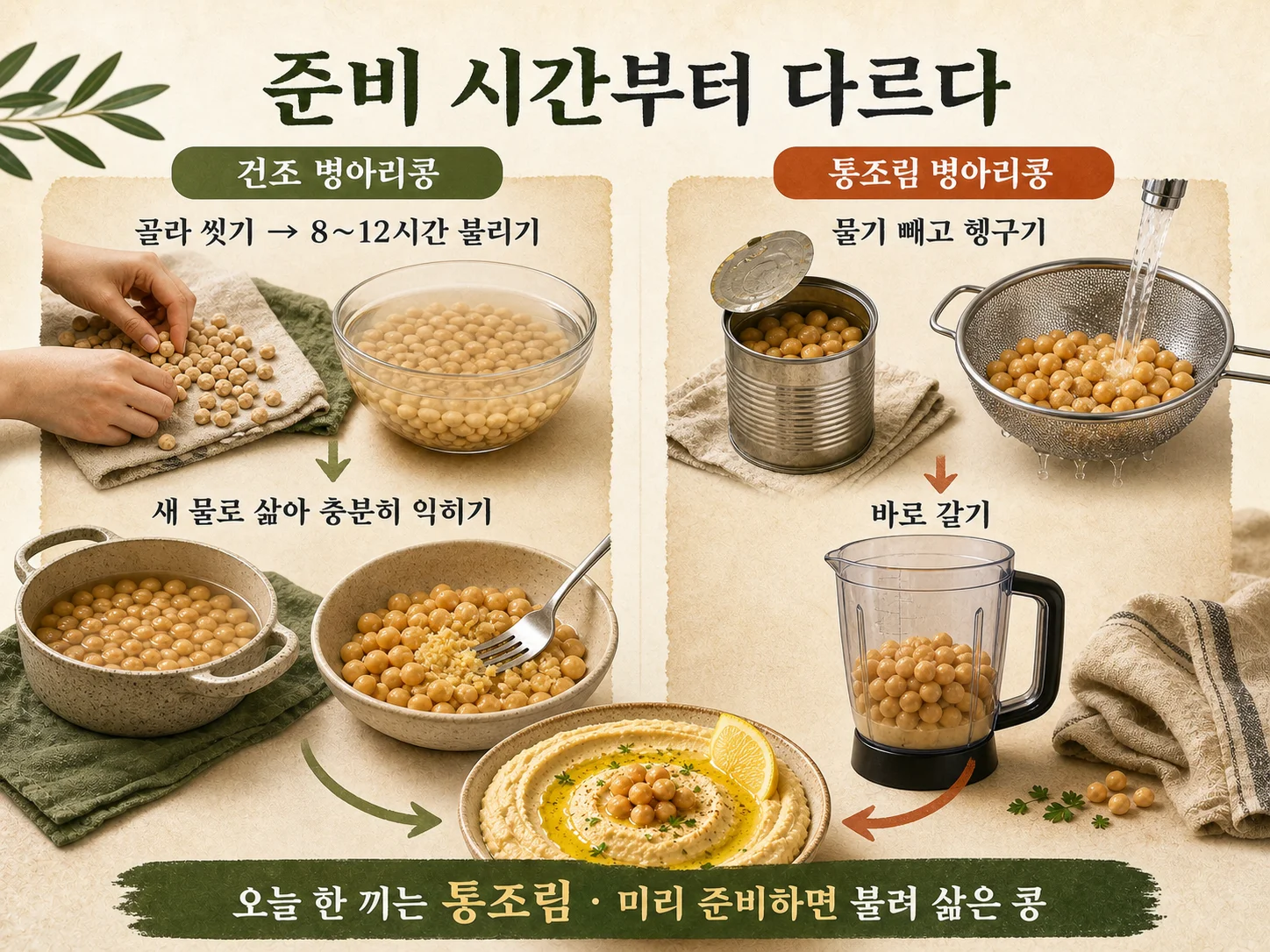 불려 삶은 병아리콩과 통조림 병아리콩의 후무스 준비 시간 비교