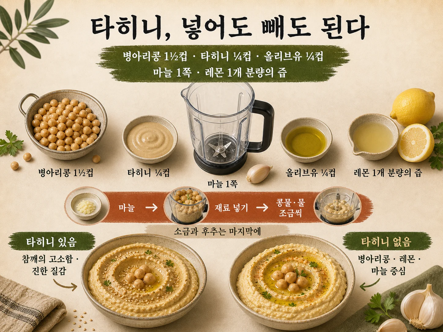 타히니를 넣은 기본 후무스 재료와 갈기 순서