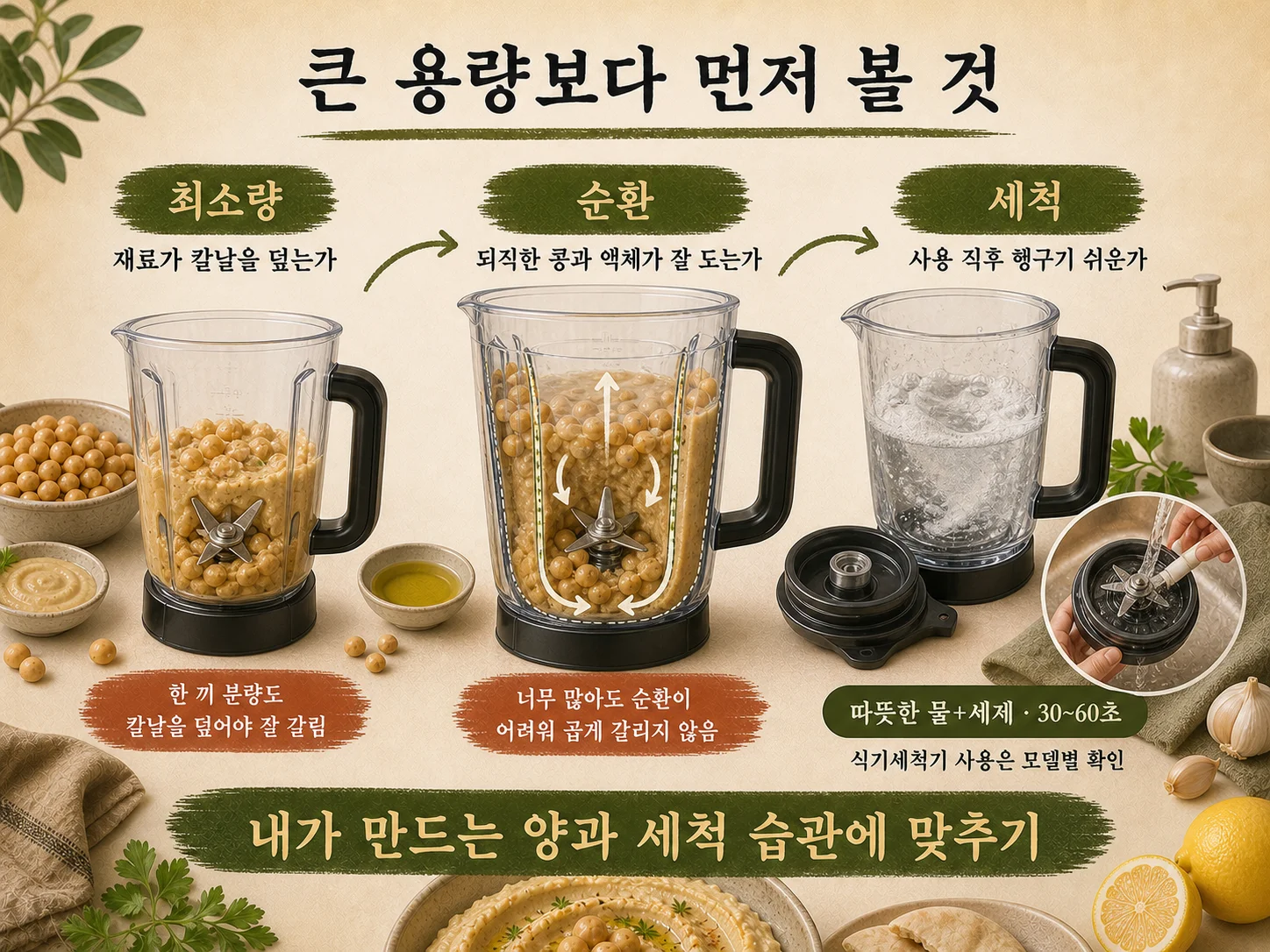 후무스용 블렌더 최소량과 용량 및 세척 편의 확인