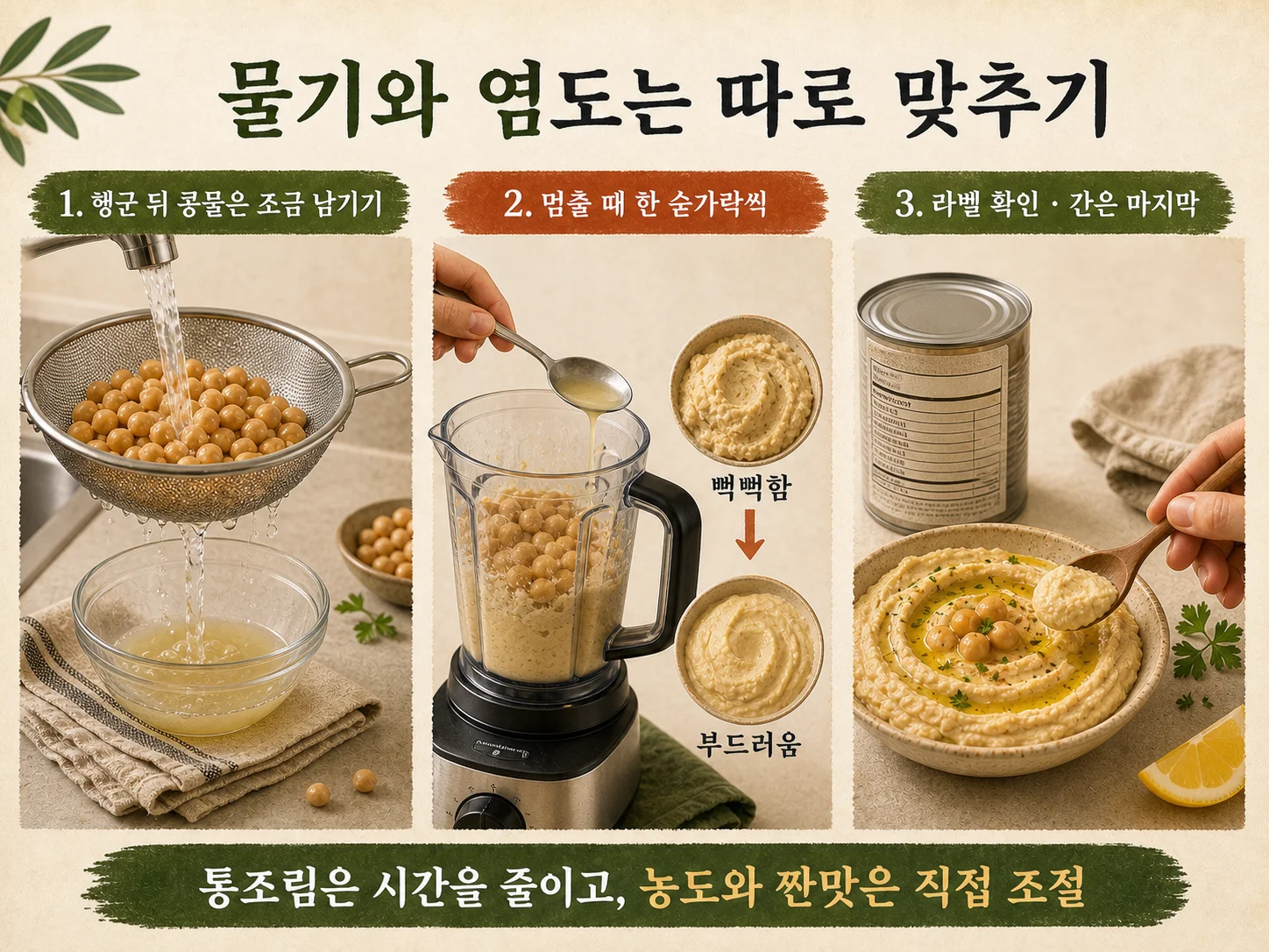 콩물과 나트륨으로 통조림 병아리콩 후무스 농도와 간 조절