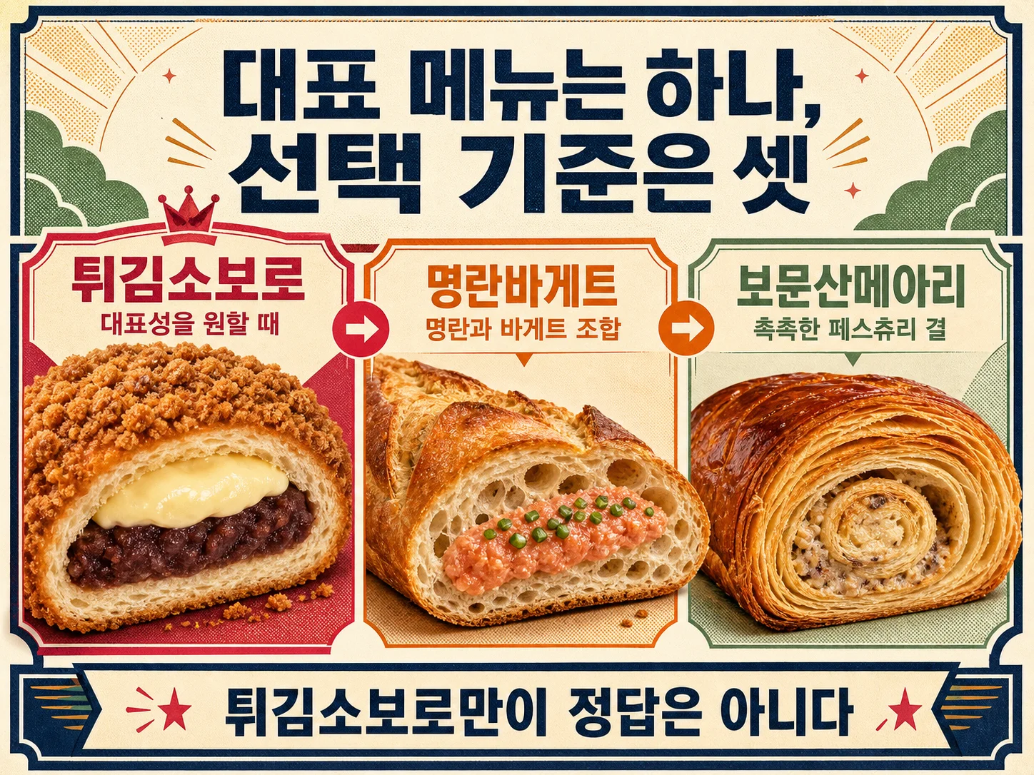 성심당 대표 메뉴 튀김소보로와 명란바게트 및 보문산메아리 비교