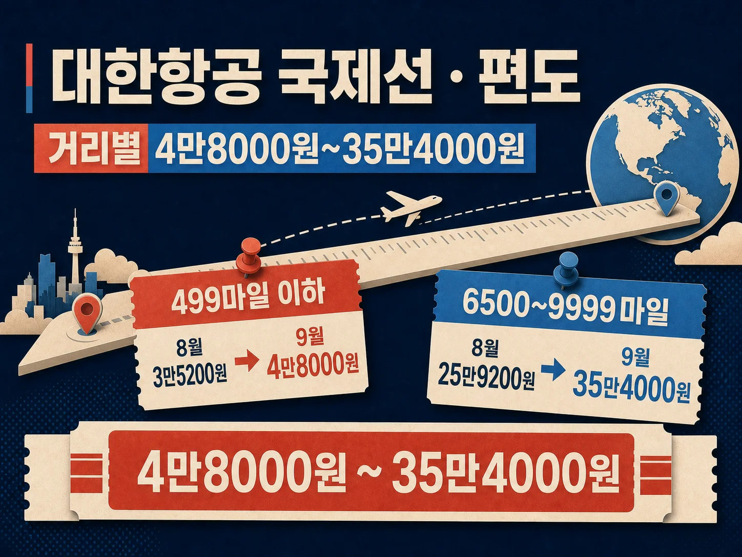 대한항공과 아시아나항공 국제선 유류할증료 거리별 비교