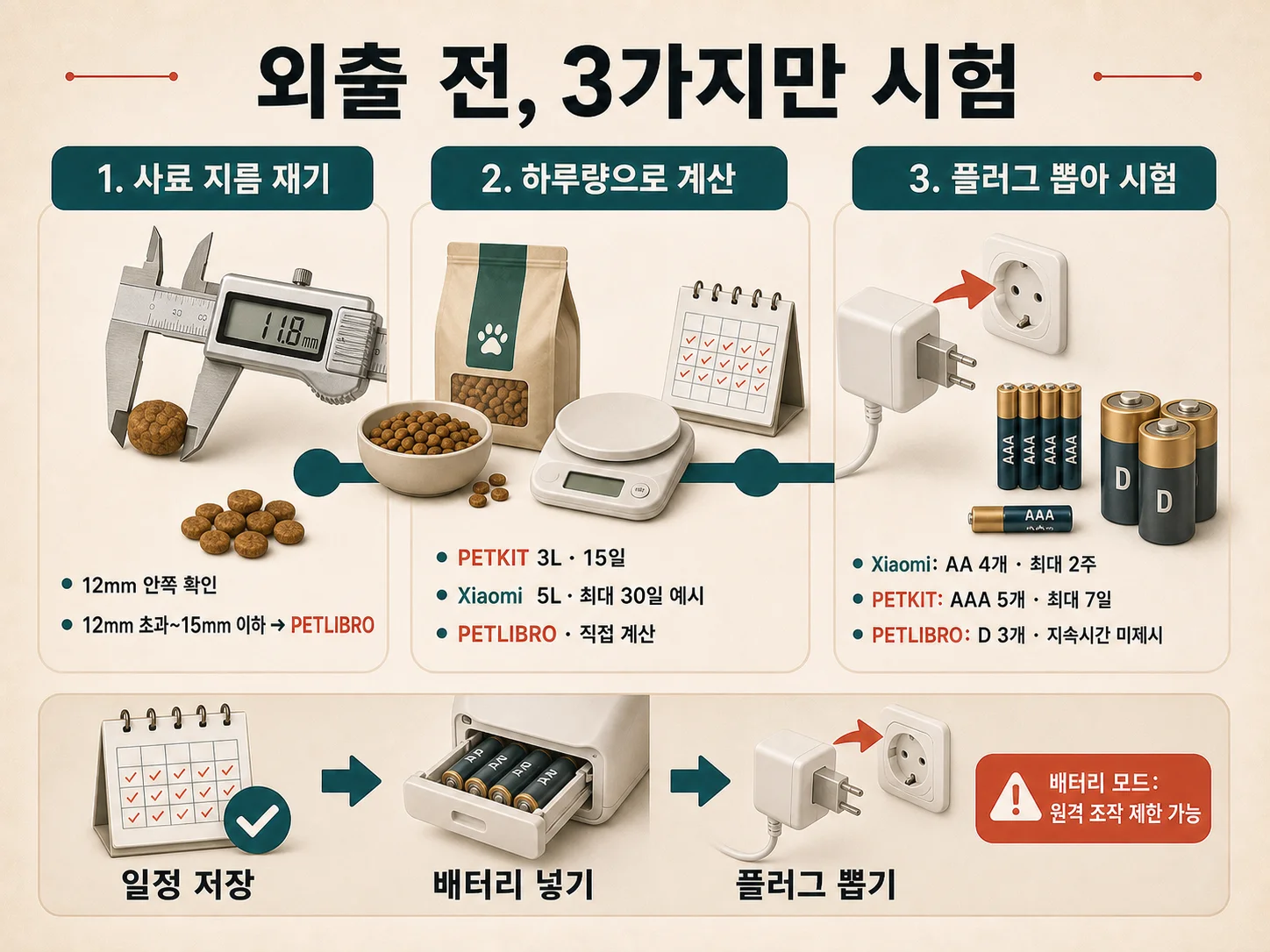 외출 전 자동급식기 전원과 네트워크 및 배터리 확인 방법