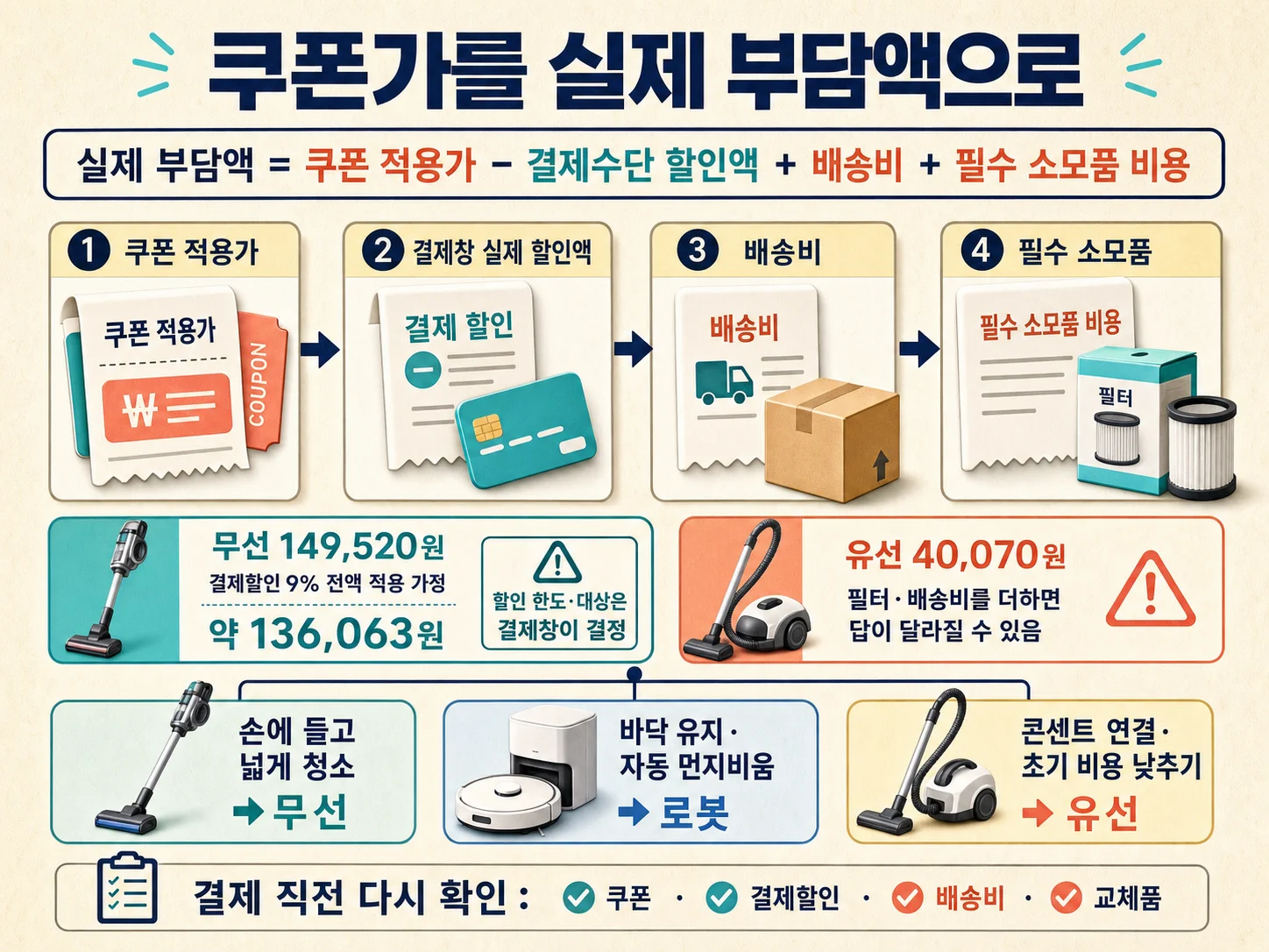 청소기 쿠폰가와 결제할인·배송비·소모품을 포함한 총비용 계산