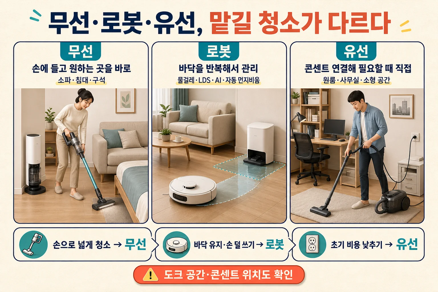 무선·로봇·유선 청소기의 청소 용도와 기능 비교
