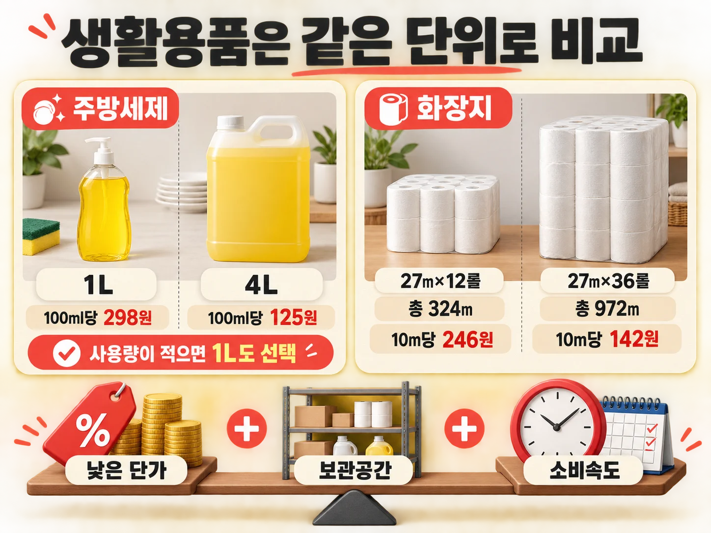 노브랜드 주방세제와 화장지의 단위가격 및 소비량 비교