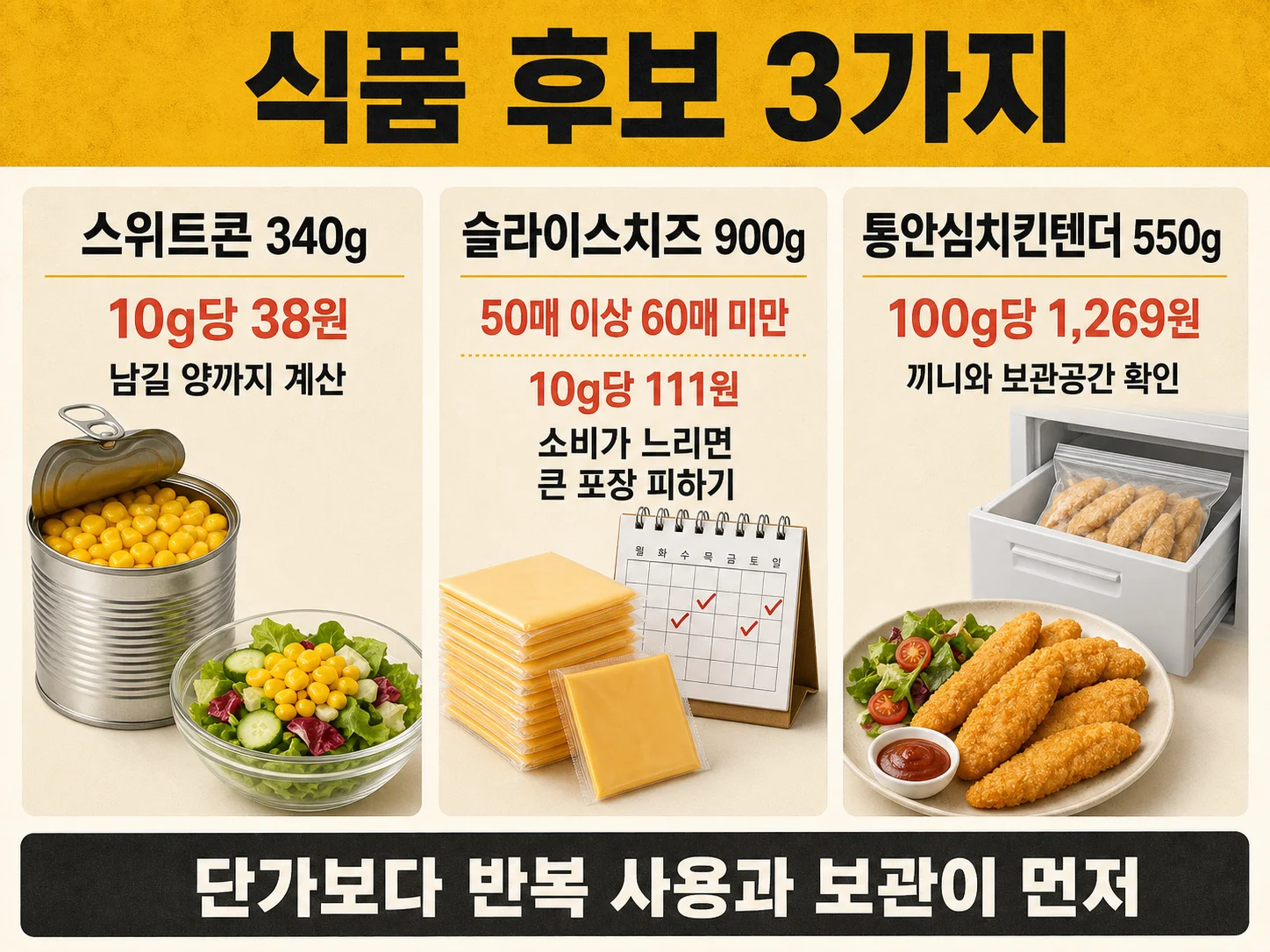 노브랜드 추천 식품인 스위트콘·슬라이스치즈·통안심치킨텐더 비교