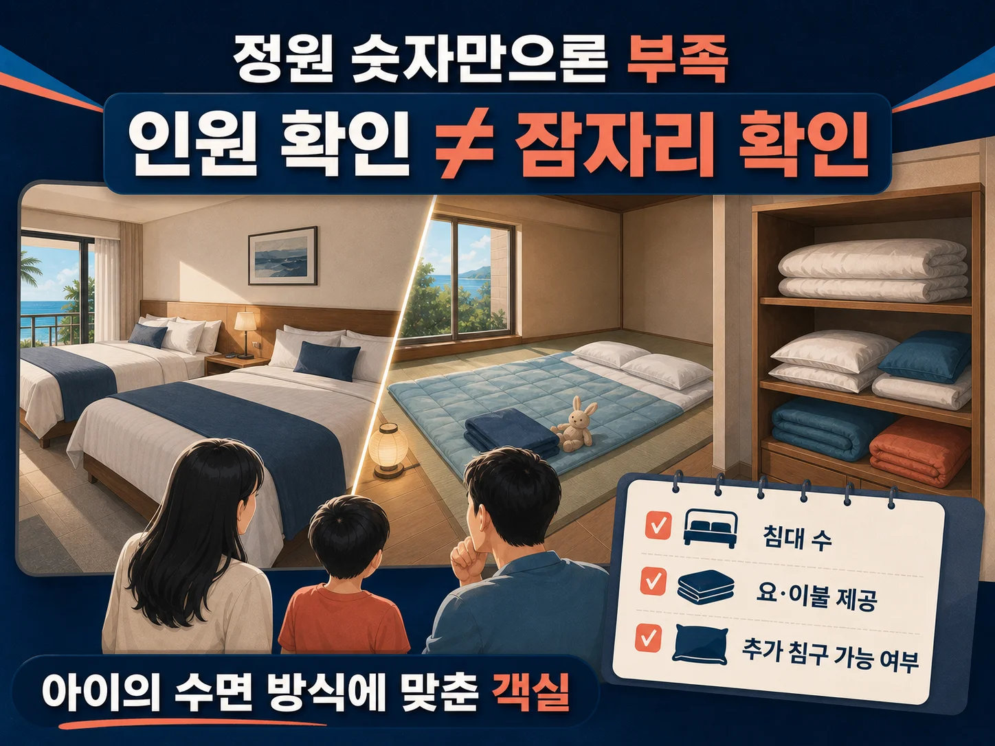 여수 가족 숙소 침대 수와 추가 침구를 확인하는 객실 정원 점검
