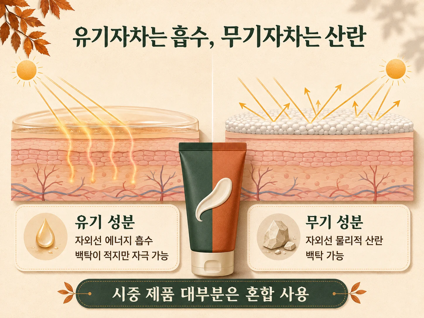 유기자차와 무기자차의 자외선 차단 방식 및 백탁 비교