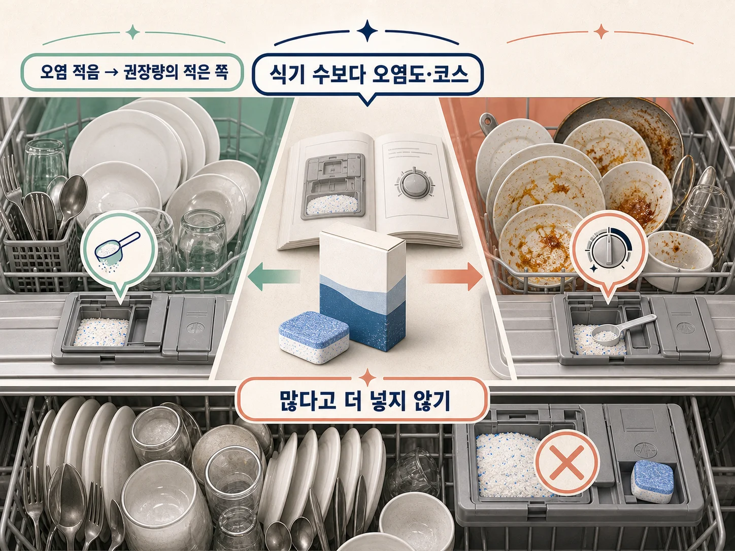식기세척기 세제 투입량을 오염도와 코스에 맞추는 기준