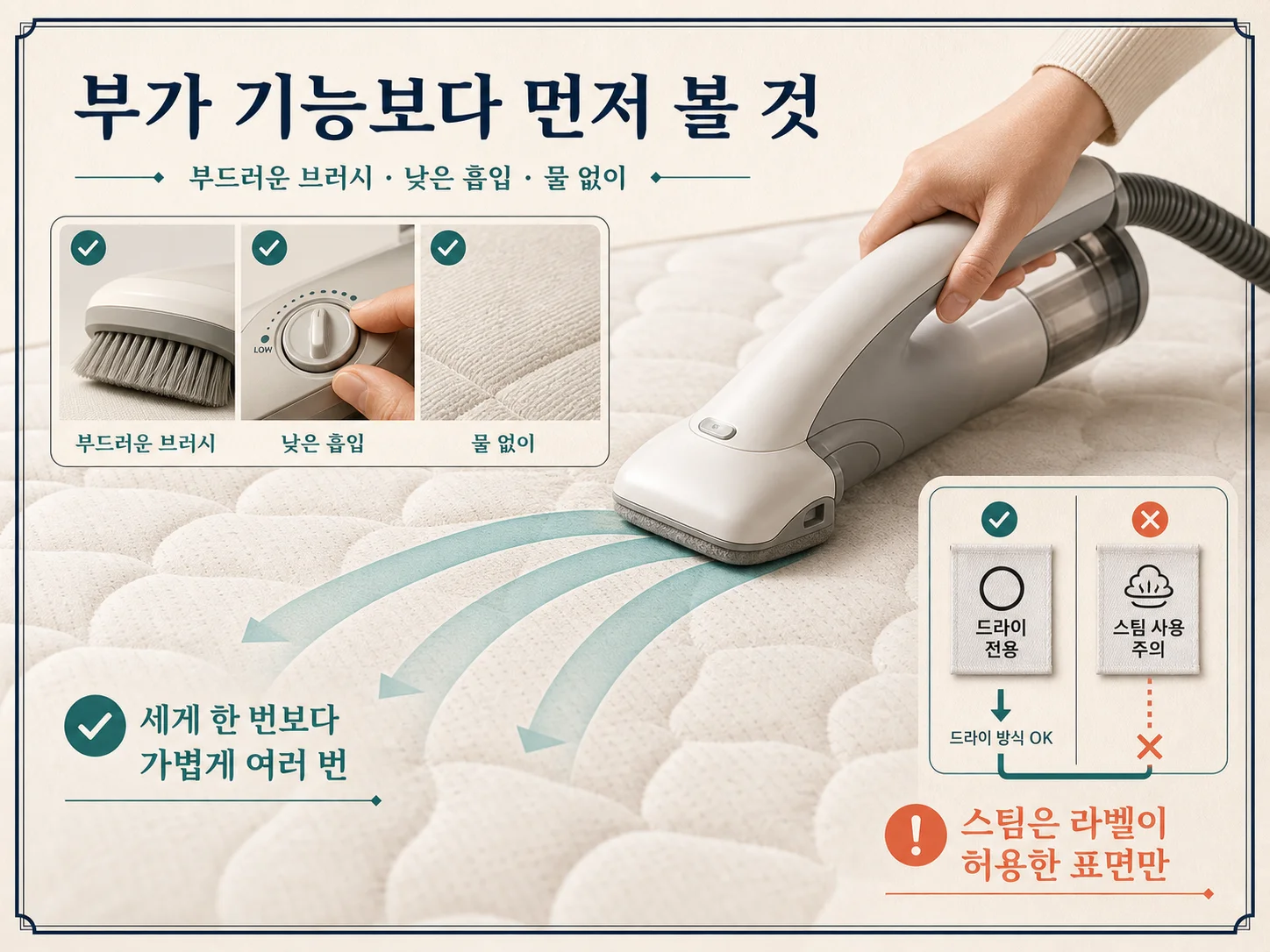 침구청소기의 건식 흡입과 매트리스 스팀 청소의 특징