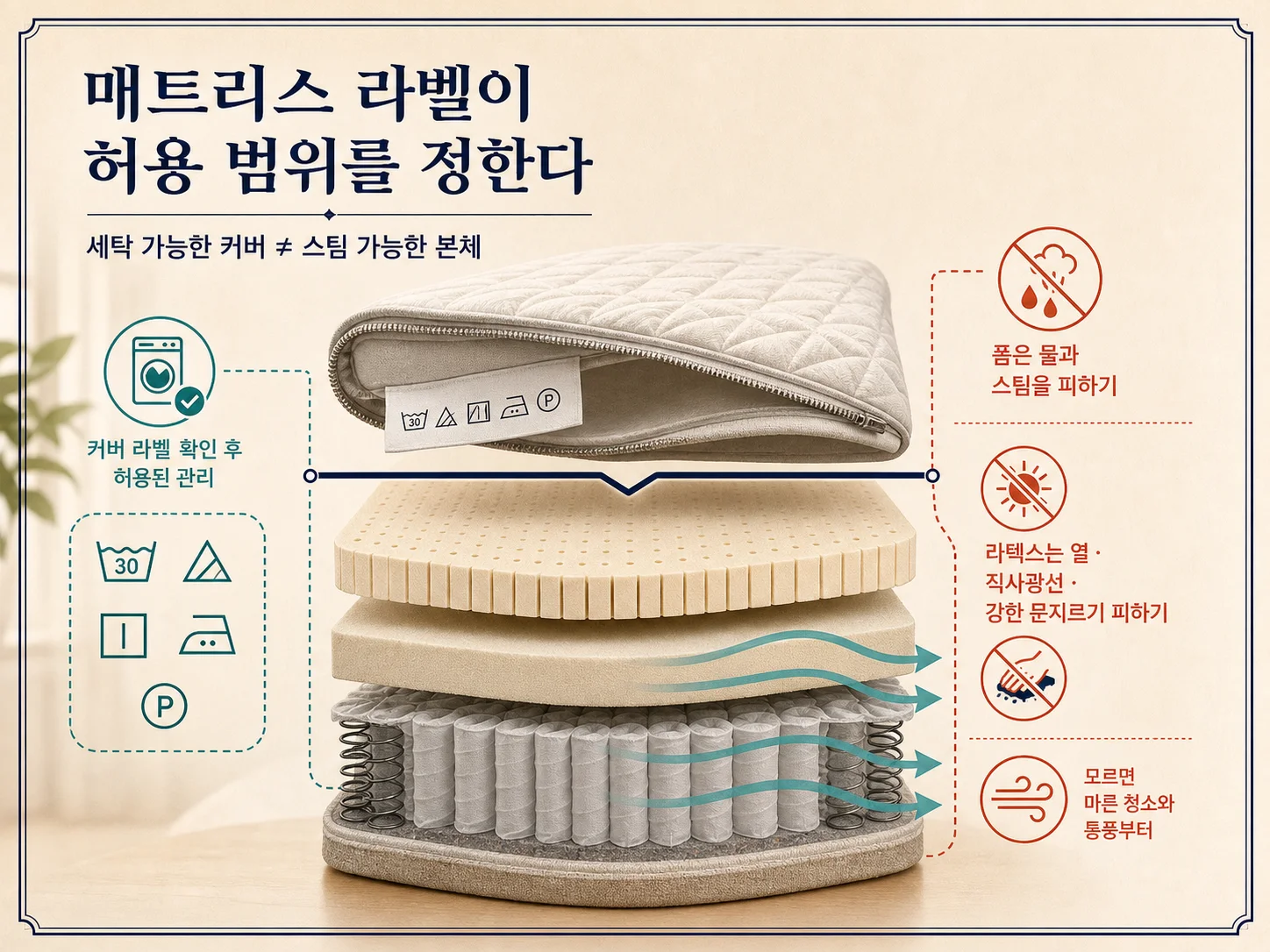매트리스 라벨과 라텍스·메모리폼 소재별 스팀 허용 범위