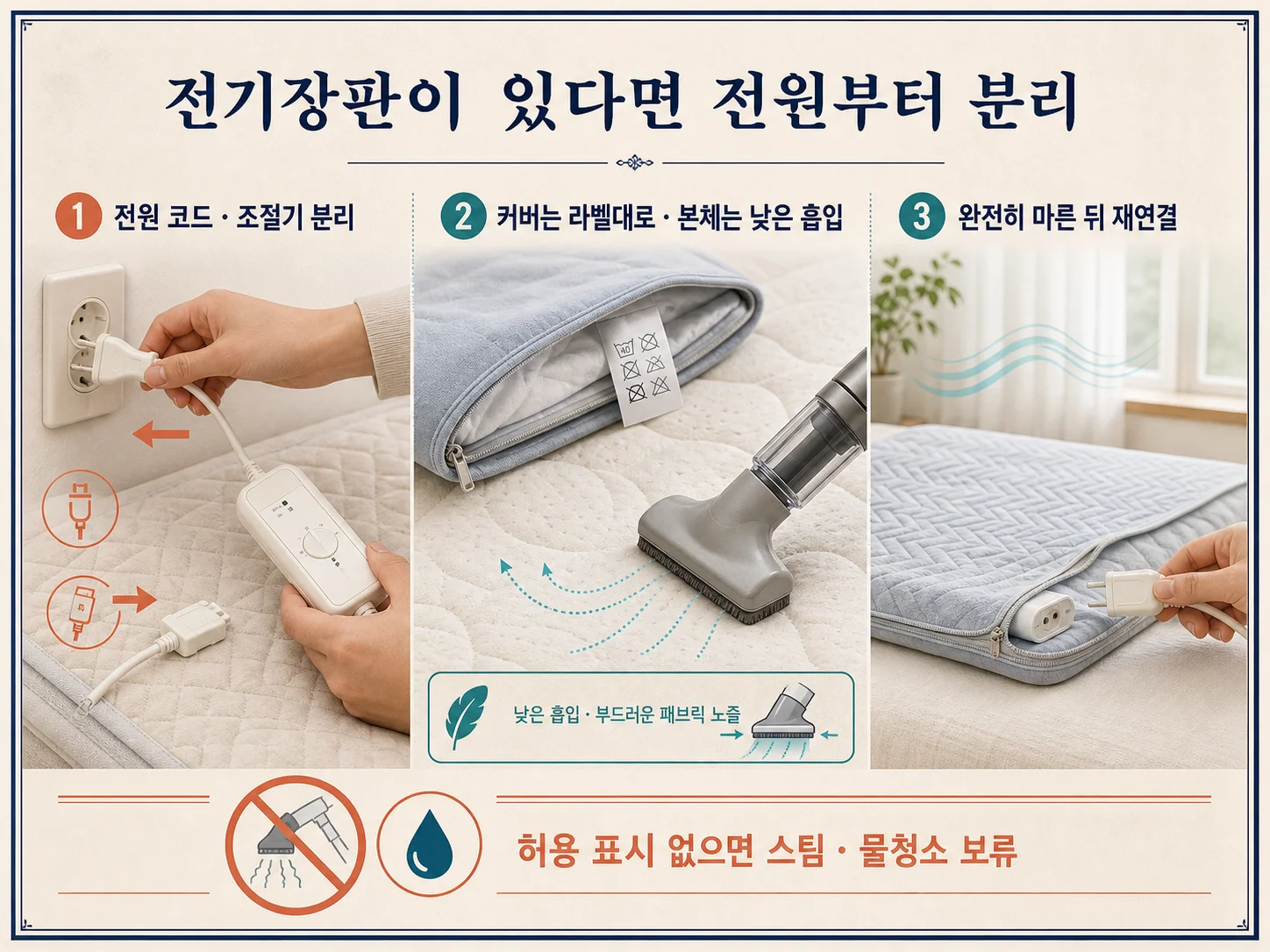 침구와 전기장판 청소 전 낮은 흡입과 전원 분리 방법