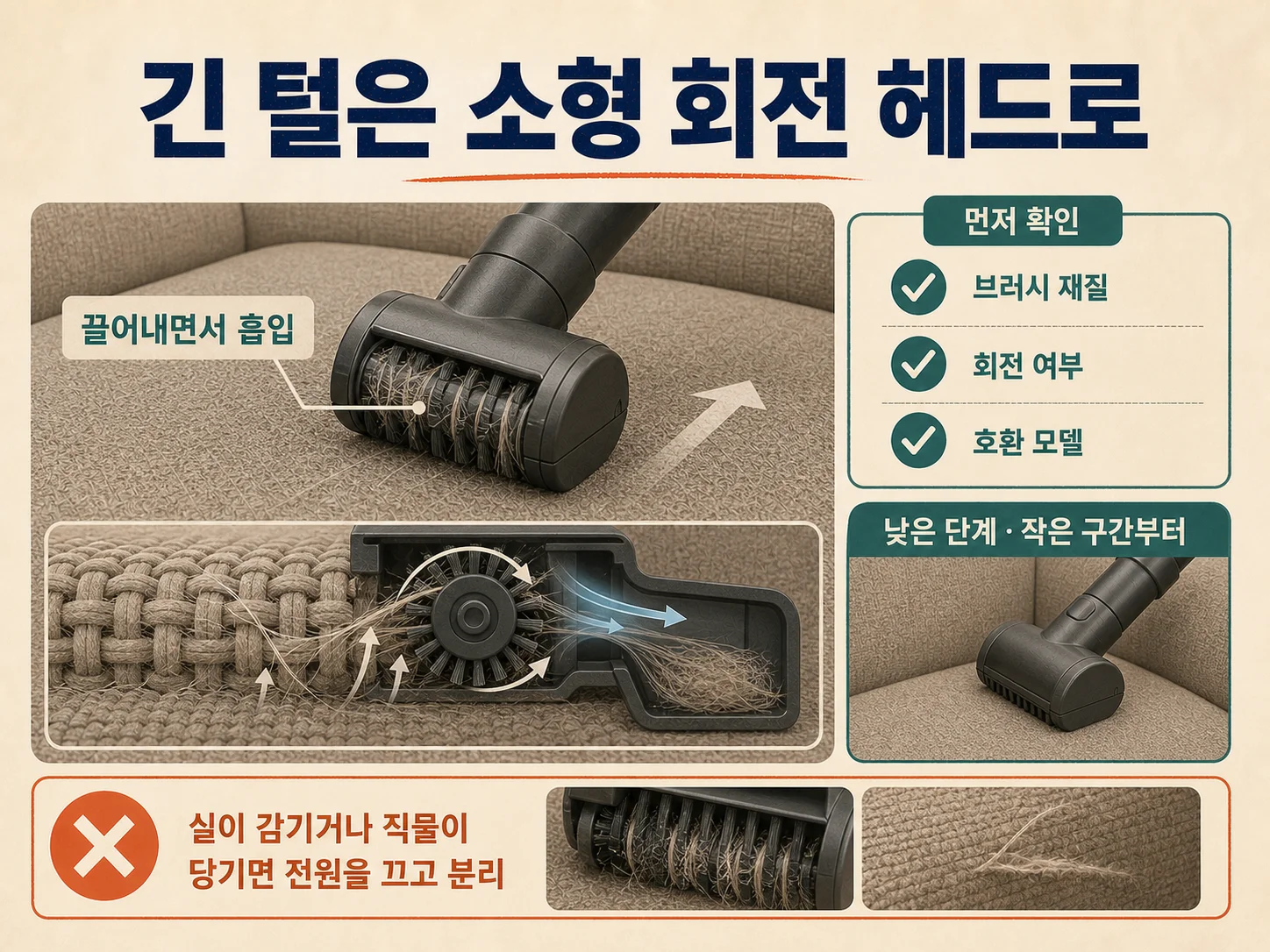 소형 회전 헤드로 소파 깊은 반려동물 털 제거하기