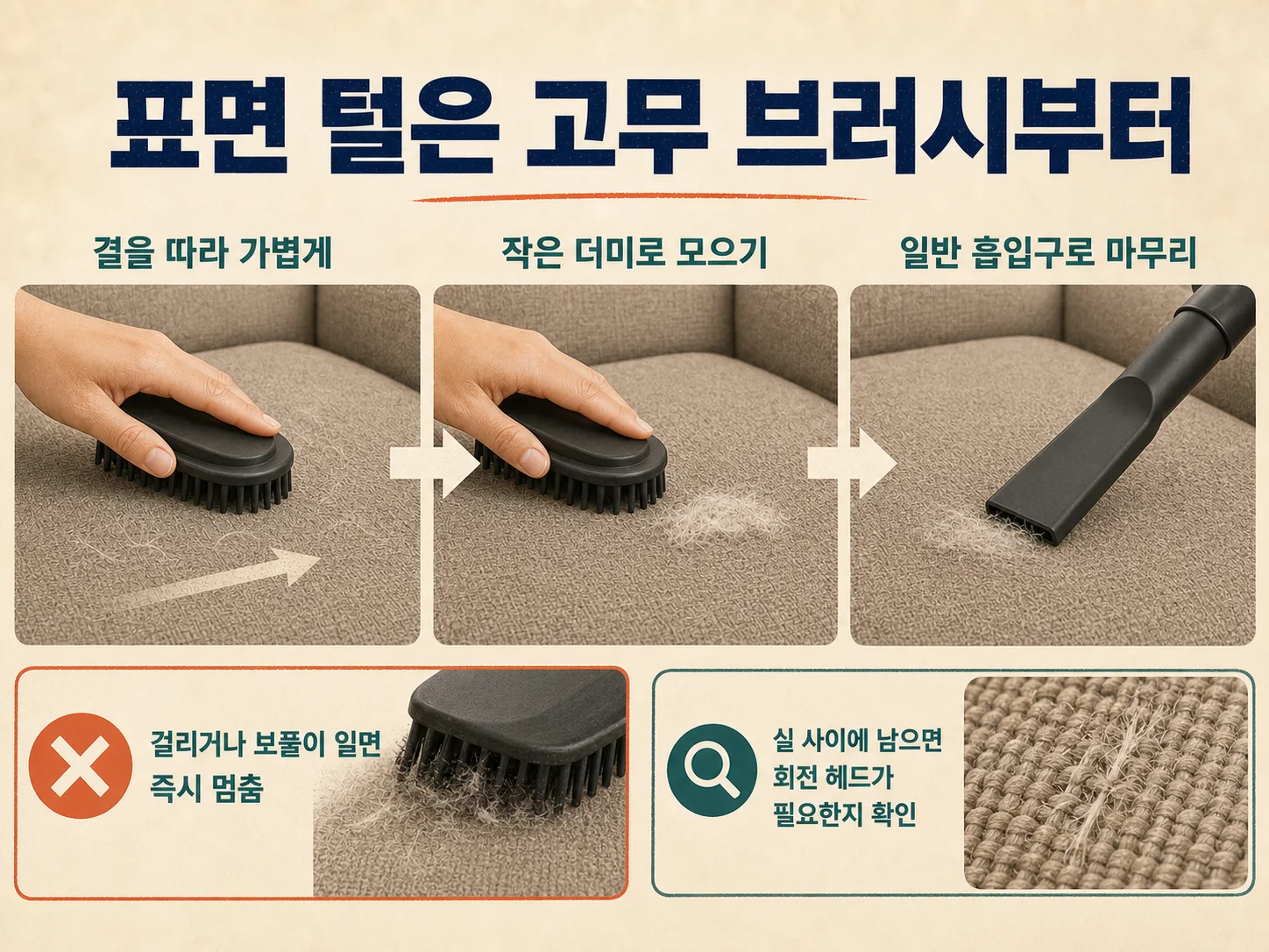 고무 브러시로 소파 표면 반려동물 털 모으기