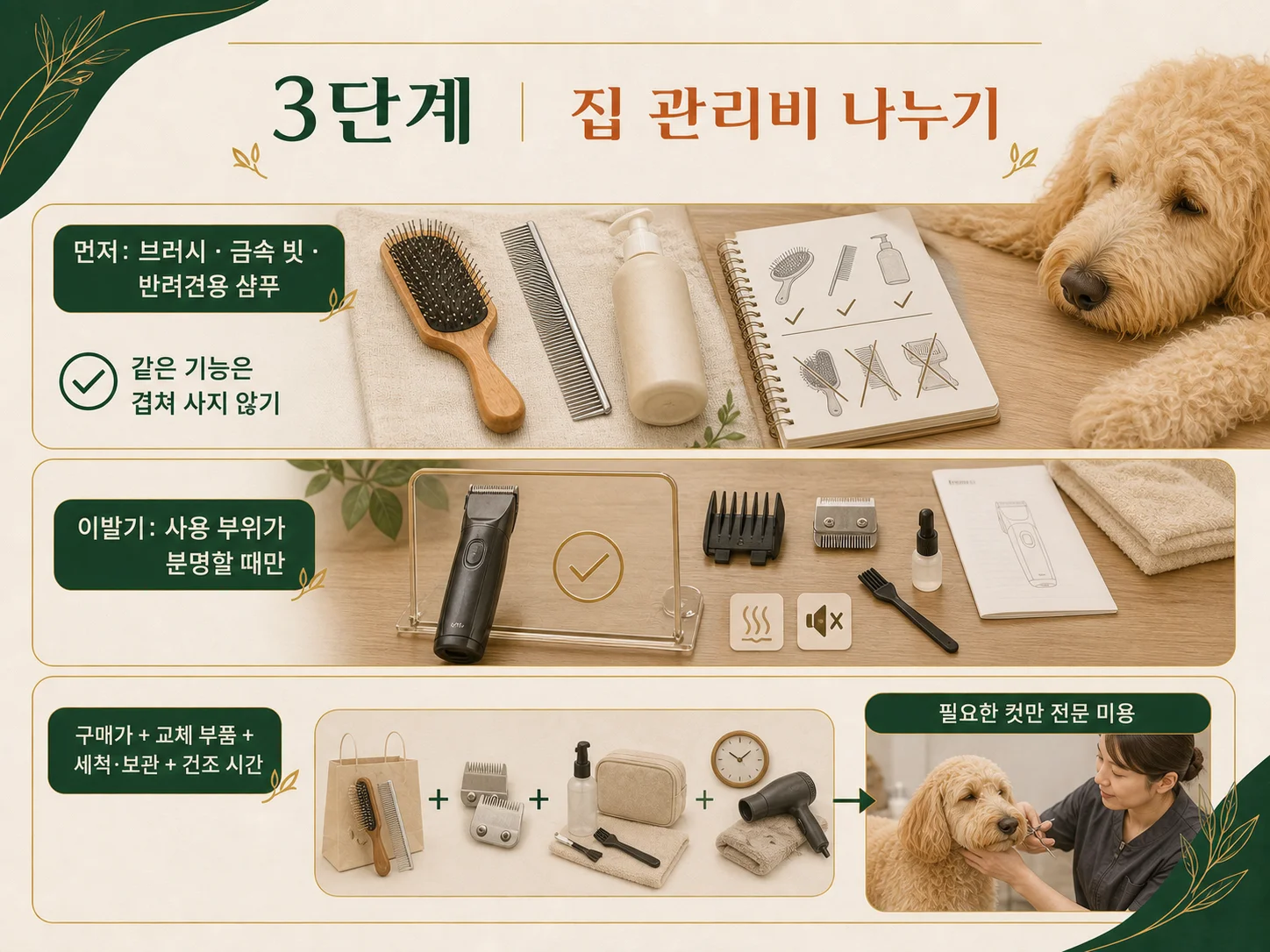 골든두들 집 관리비에 포함할 브러시 샴푸 이발기와 유지 비용 항목
