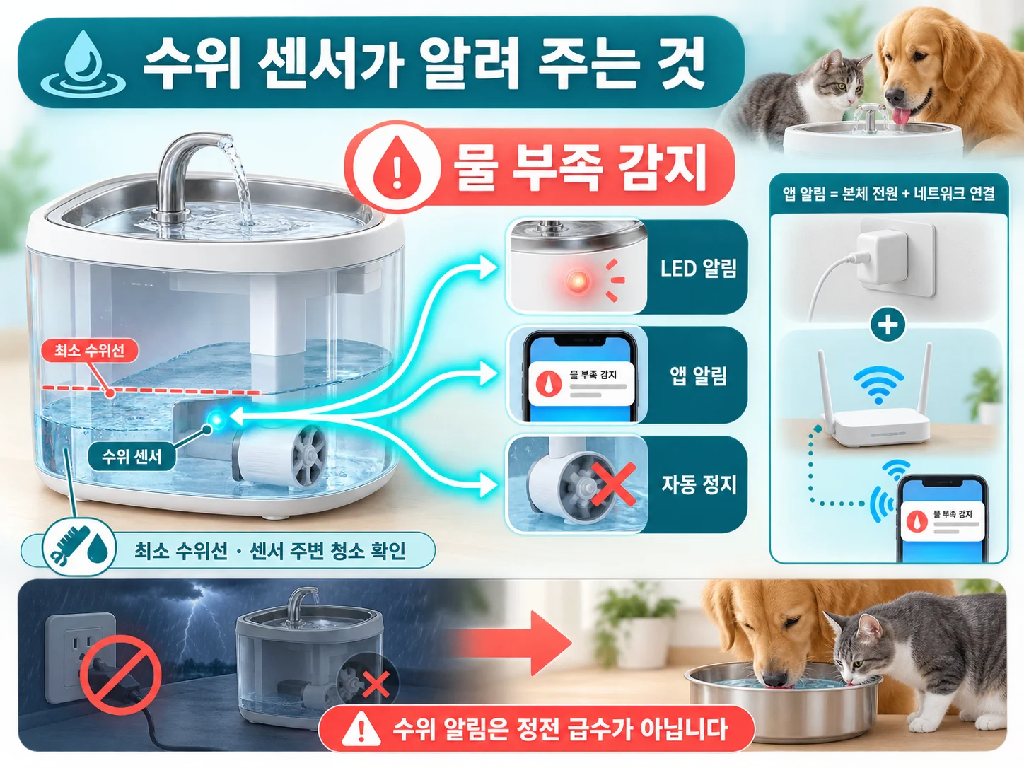 반려동물 급수기 수위 센서와 물 부족 알림 기능
