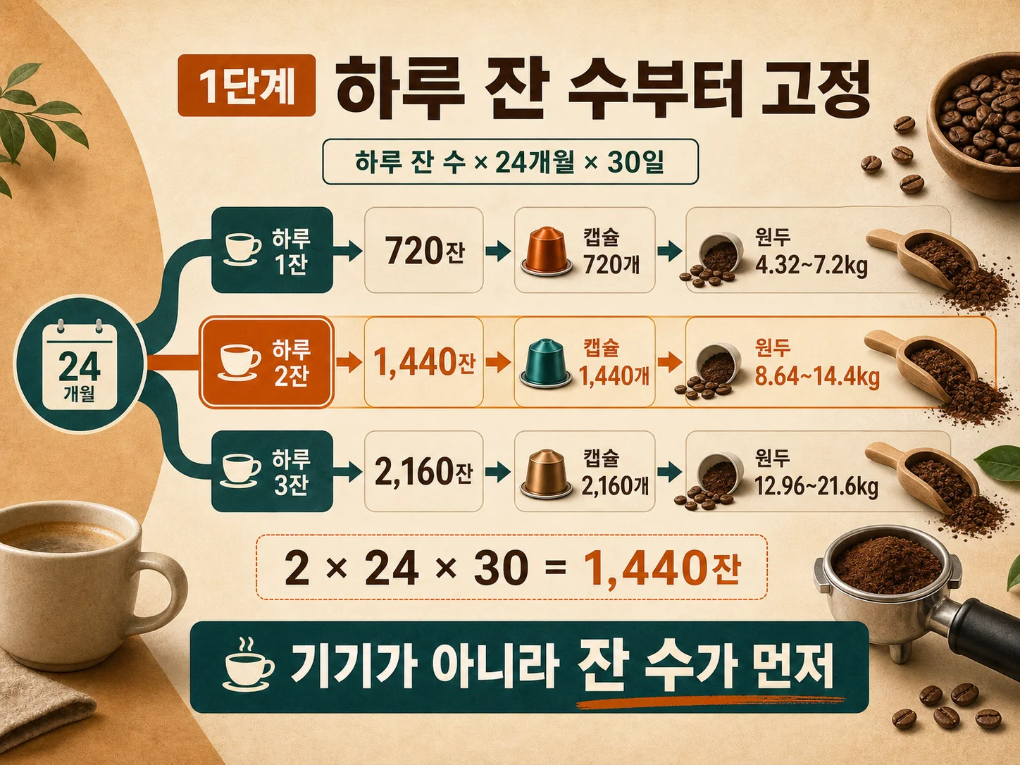 하루 커피 잔 수별 24개월 추출 잔 수와 원두 사용량 계산
