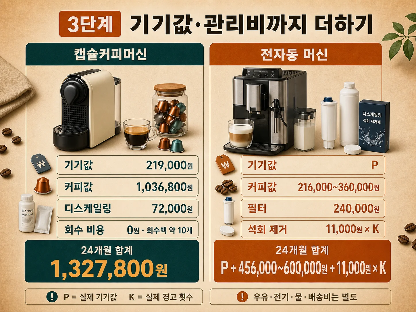 캡슐커피머신과 전자동 머신의 세척제 필터 우유 관리비 비교