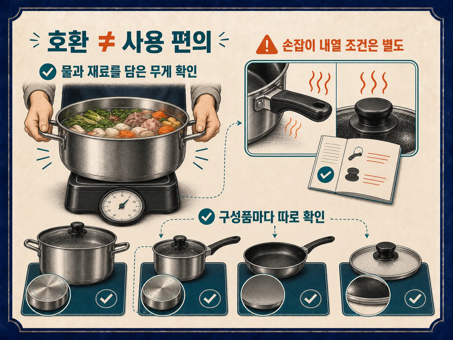 1인용과 가족용 인덕션 냄비 세트의 무게와 손잡이 내열성 및 구성 선택 기준