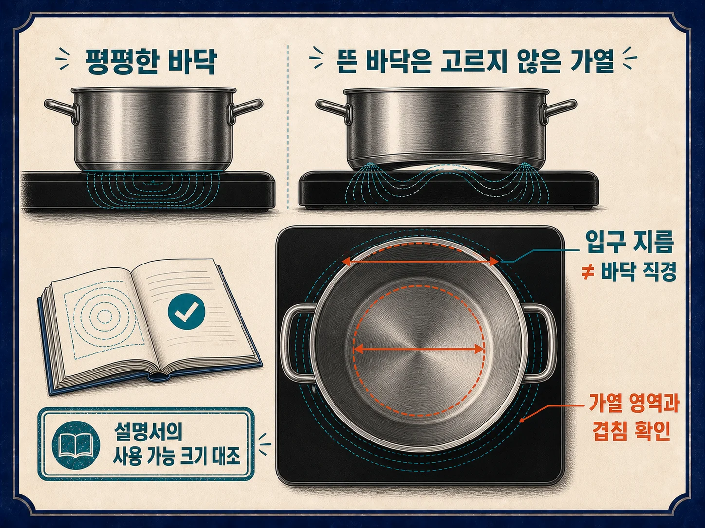 인덕션 냄비 바닥 평탄도와 직경을 화구 크기와 비교하는 기준