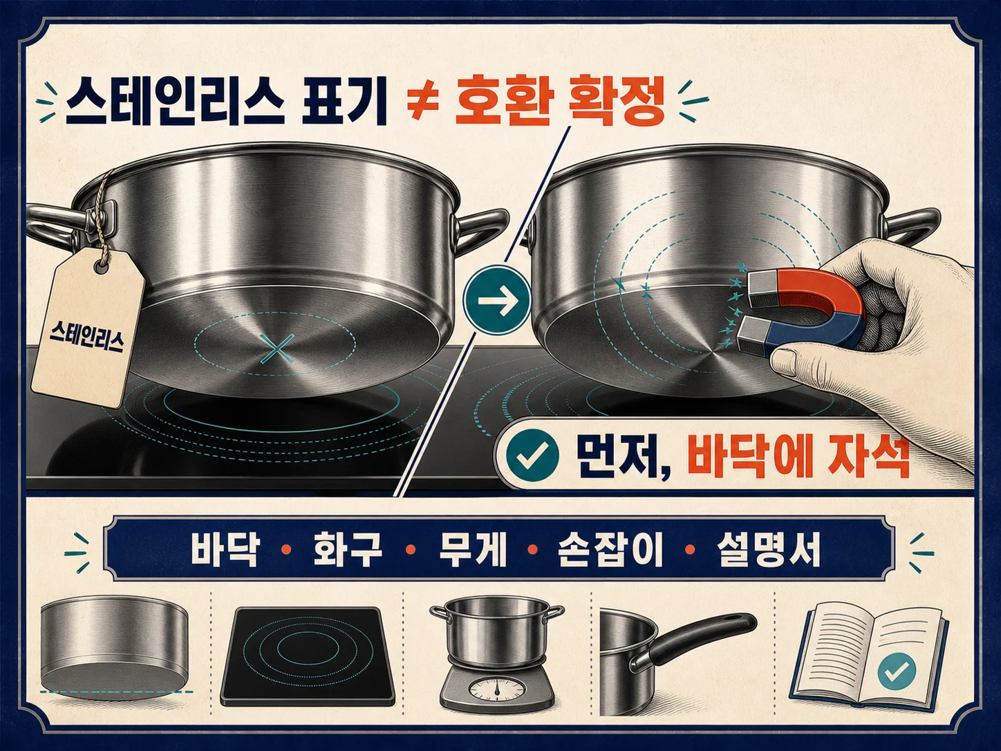 스테인리스 냄비의 인덕션 호환 여부와 자석 반응 확인 기준