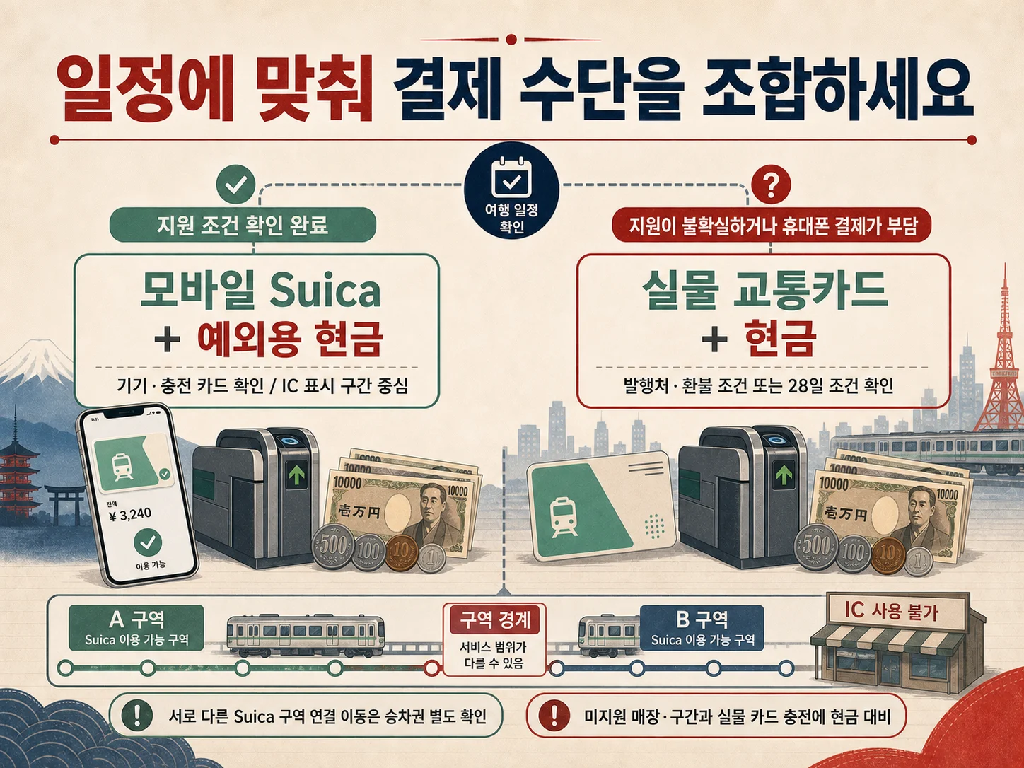 일정별 모바일 Suica·실물 교통카드·현금 조합 기준