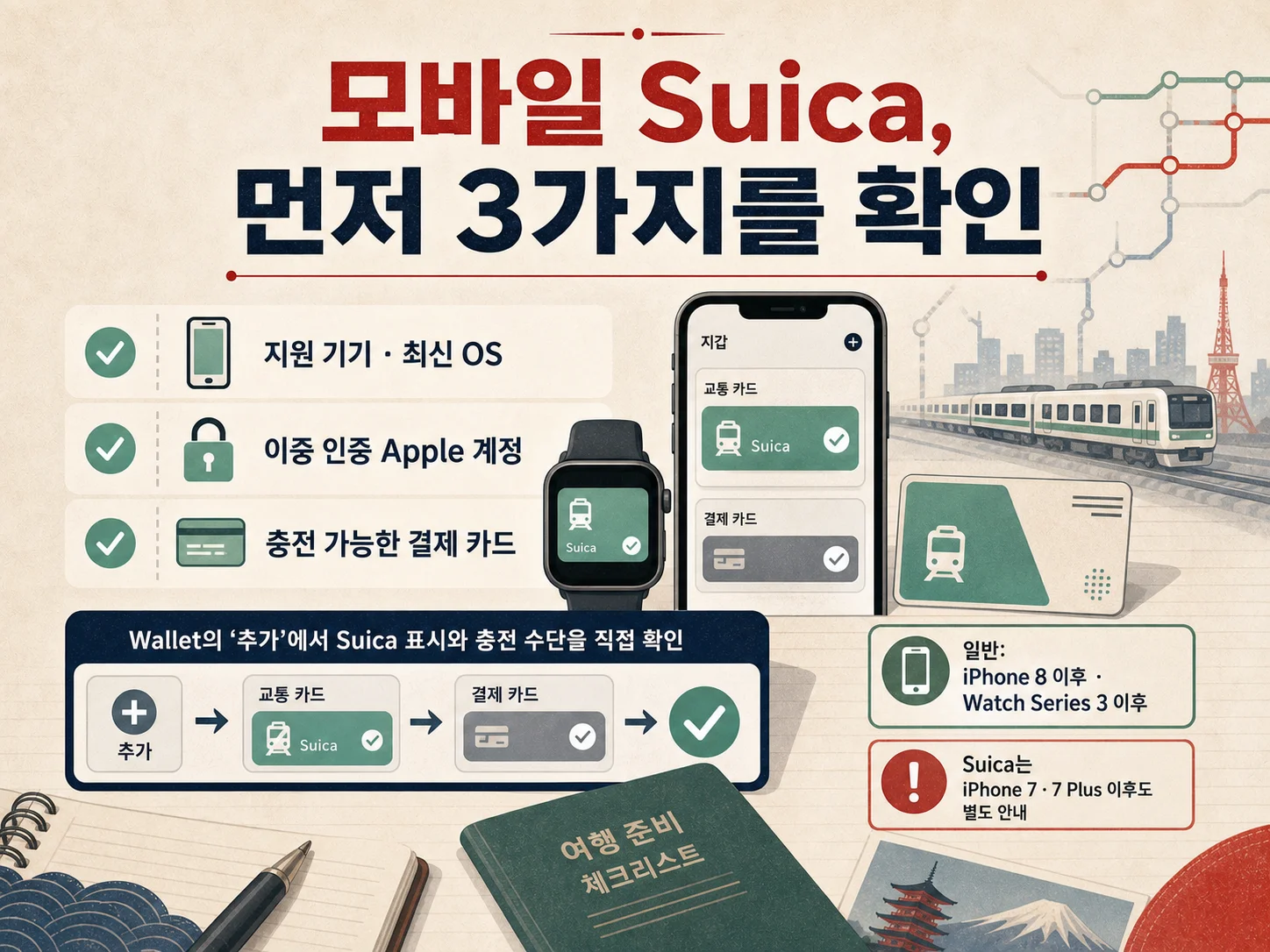 모바일 Suica 지원 기기와 충전 카드 확인