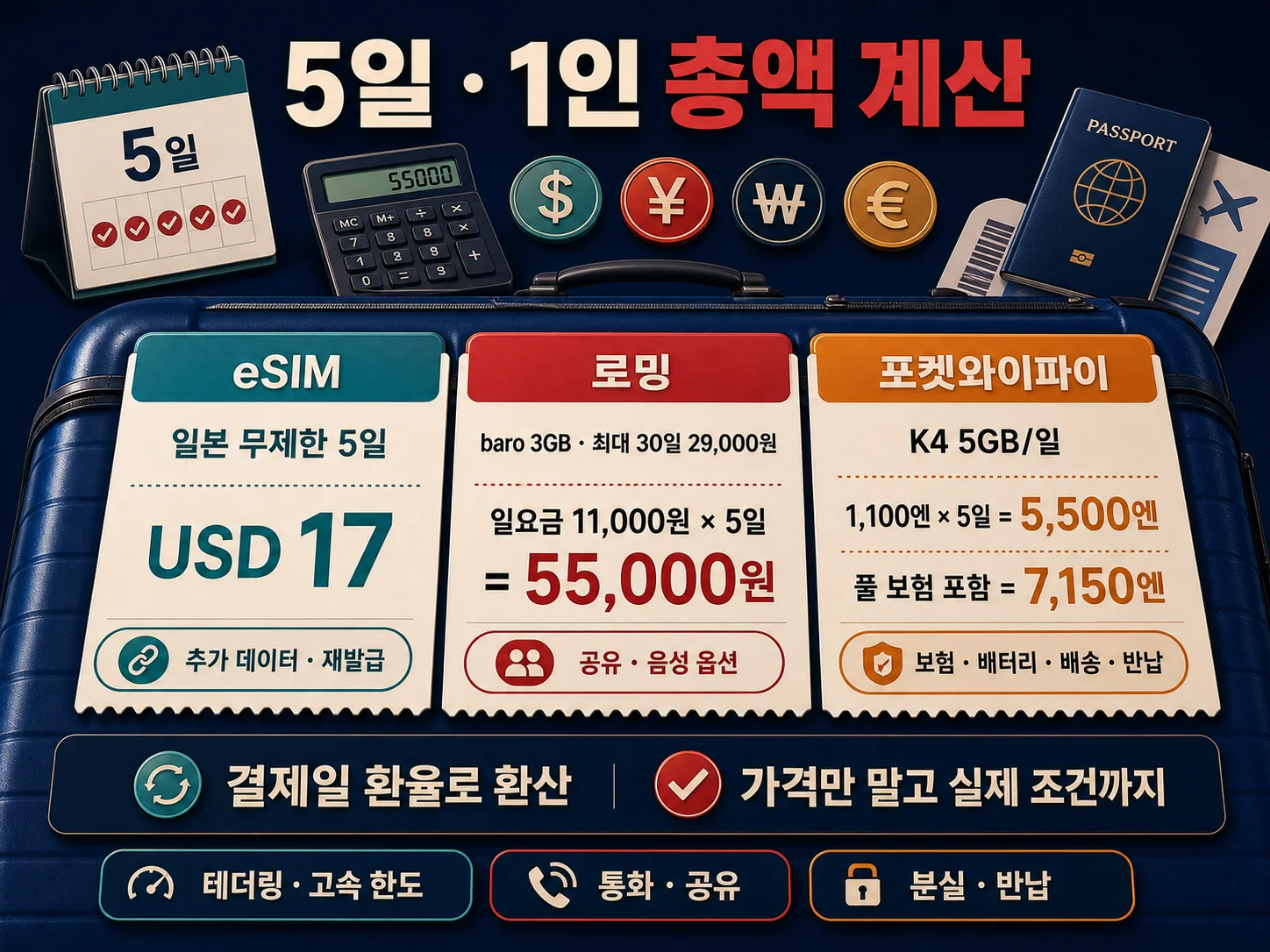일본 여행 eSIM·로밍·포켓와이파이 5일 총액 계산