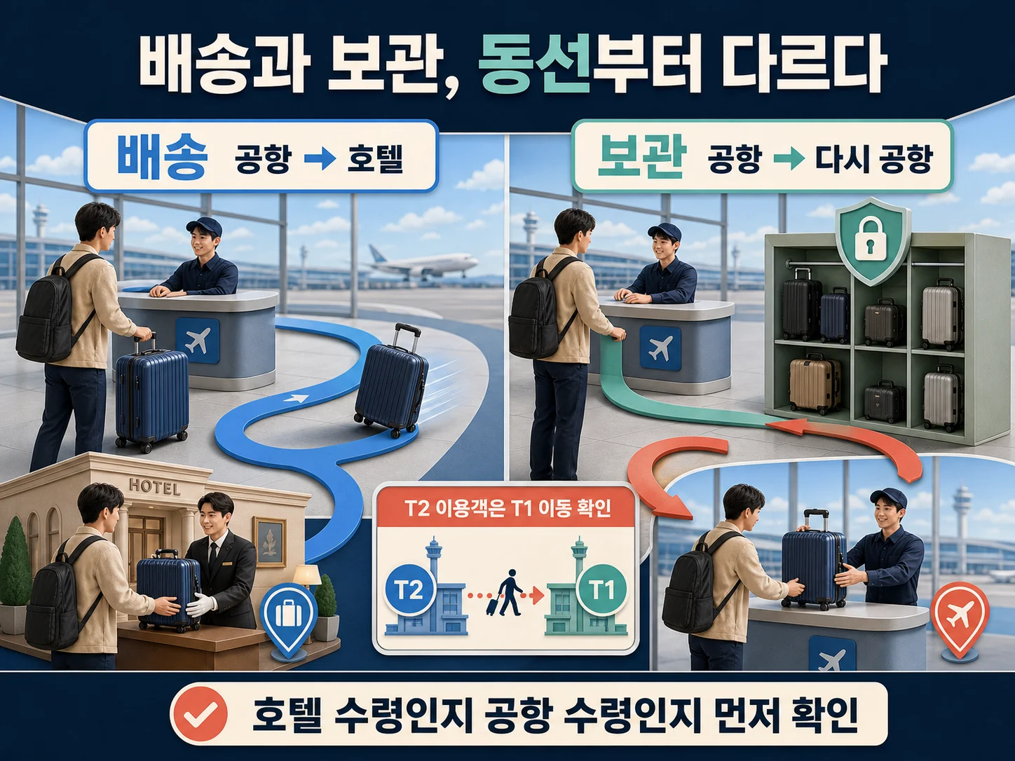 공항 호텔 수하물 배송과 공항 보관의 이동 동선 비교