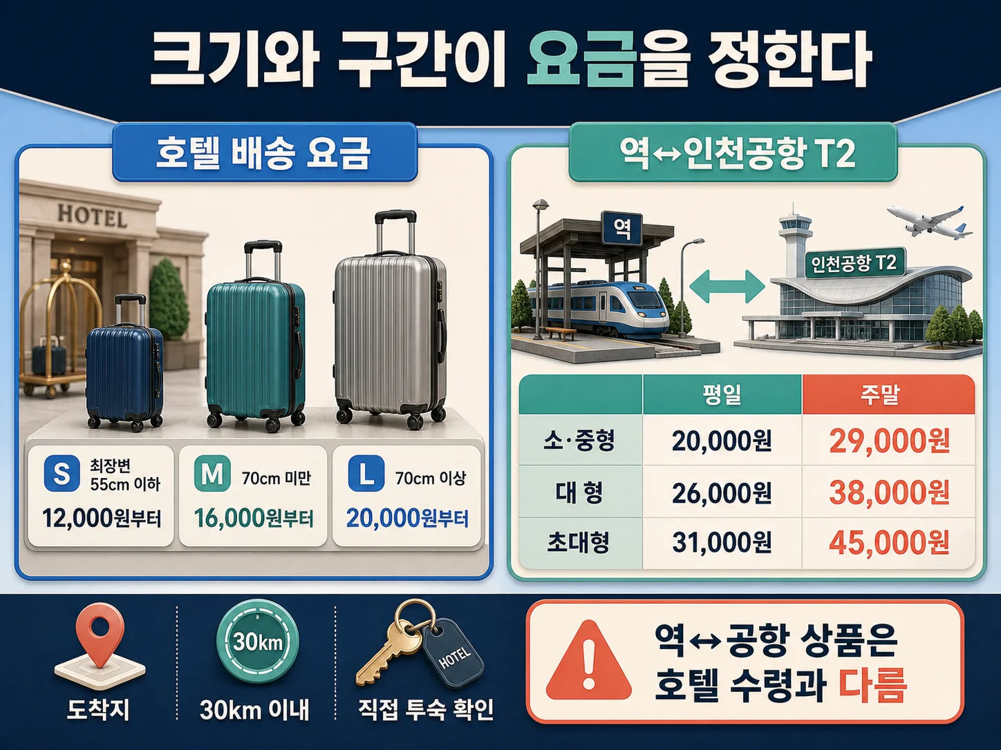 캐리어 크기와 보관 기간별 수하물 배송·보관 요금 비교